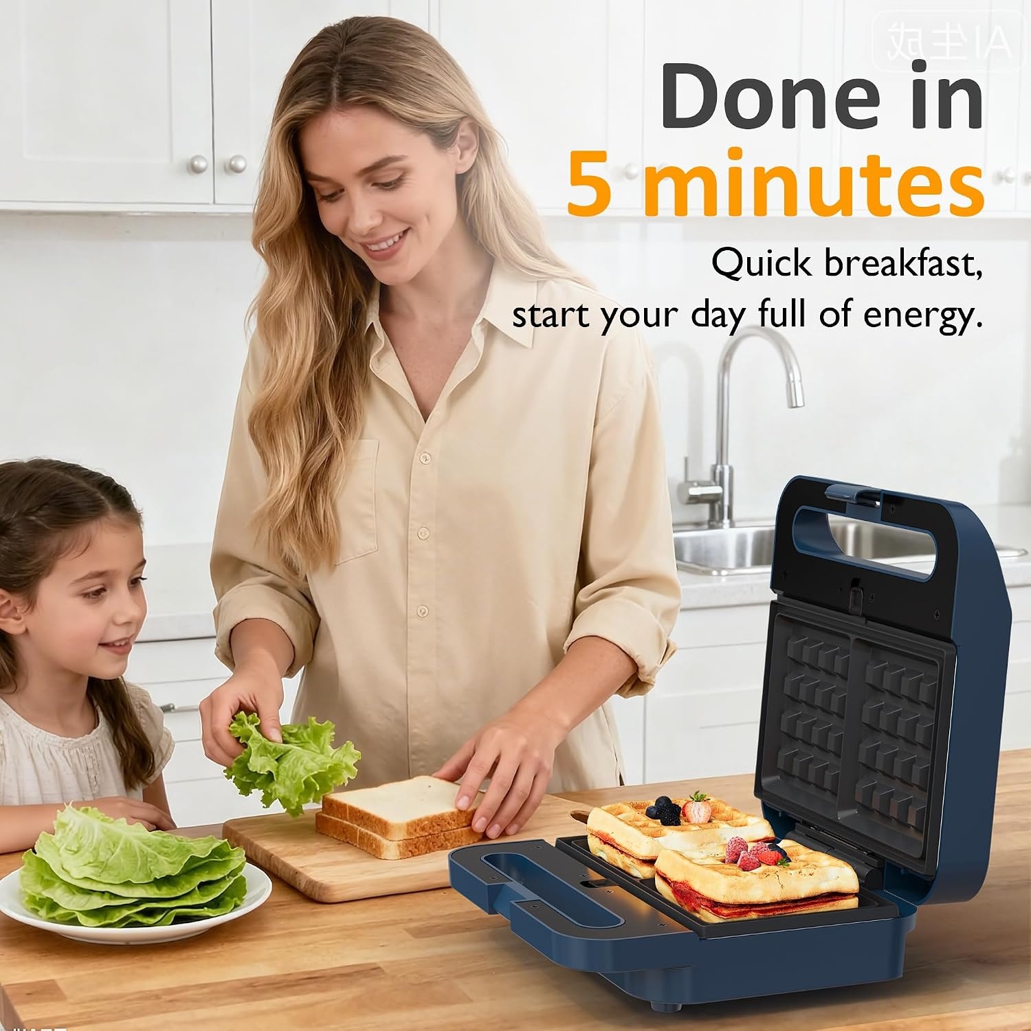 image:imageSunvivi Sandwich Maker Panini Press Waffle Maker with Removable Plates 3 in 1 Sandwich Maker Press with NonStick Plates Indicator Lights amp Cool Touch Handle 750W BlackBlueGlassTopB