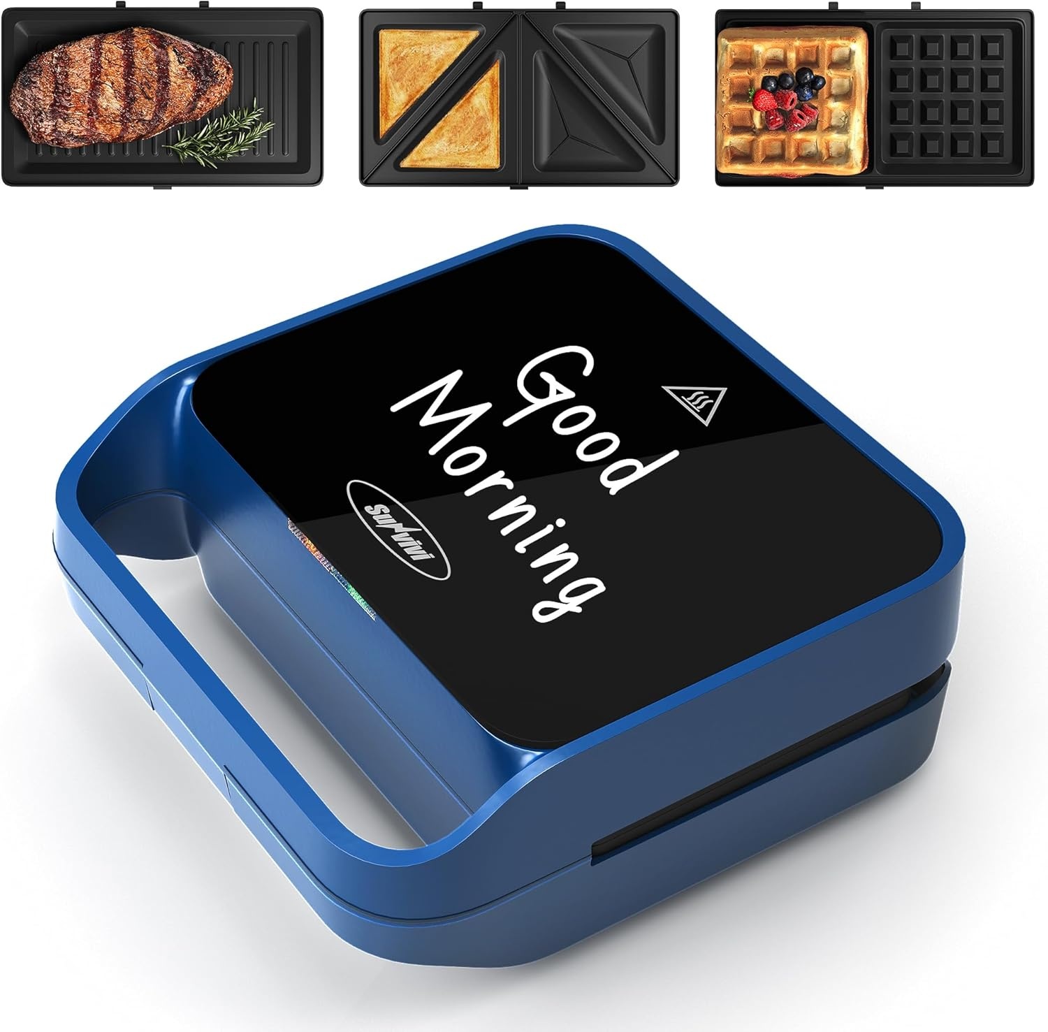 image:imageSunvivi Sandwich Maker Panini Press Waffle Maker with Removable Plates 3 in 1 Sandwich Maker Press with NonStick Plates Indicator Lights amp Cool Touch Handle 750W BlackBlueGlassTopA
