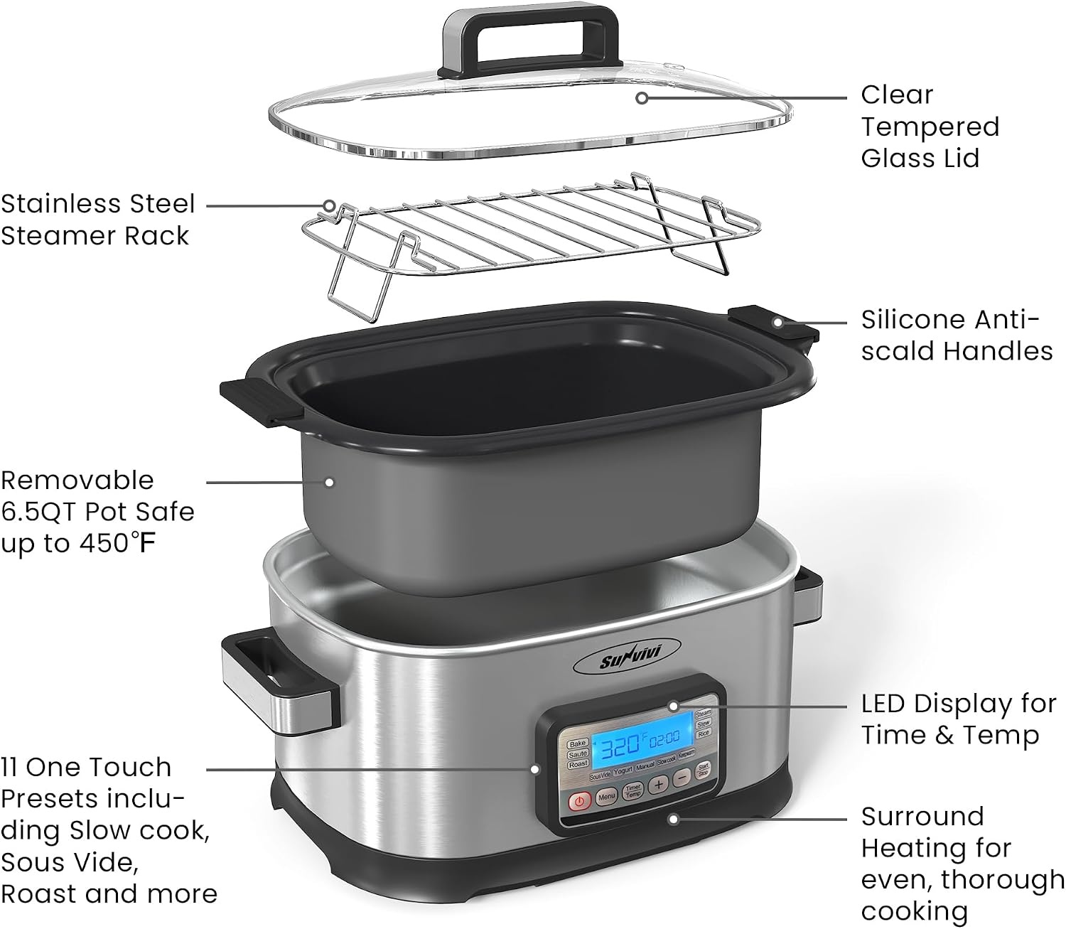 image:imageSunvivi Slow Cooker Roaster Oven 65 Quart 11 in 1 Programmable MultiCooker with Digital Timer Temp Control Keep Warm Removable Nonstick Pot amp DishwasherSafe Glass Lid Sliver