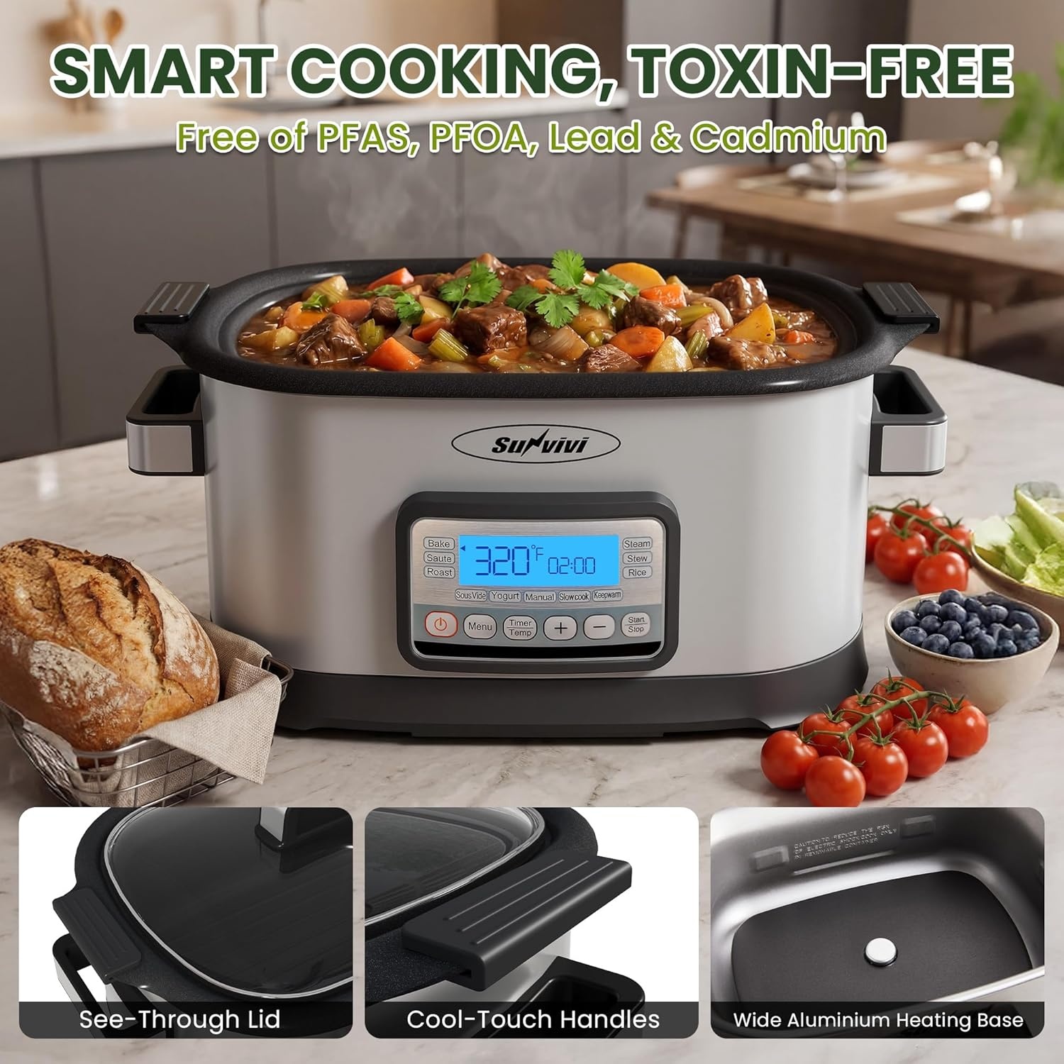 image:imageSunvivi Slow Cooker Roaster Oven 65 Quart 11 in 1 Programmable MultiCooker with Digital Timer Temp Control Keep Warm Removable Nonstick Pot amp DishwasherSafe Glass Lid Sliver