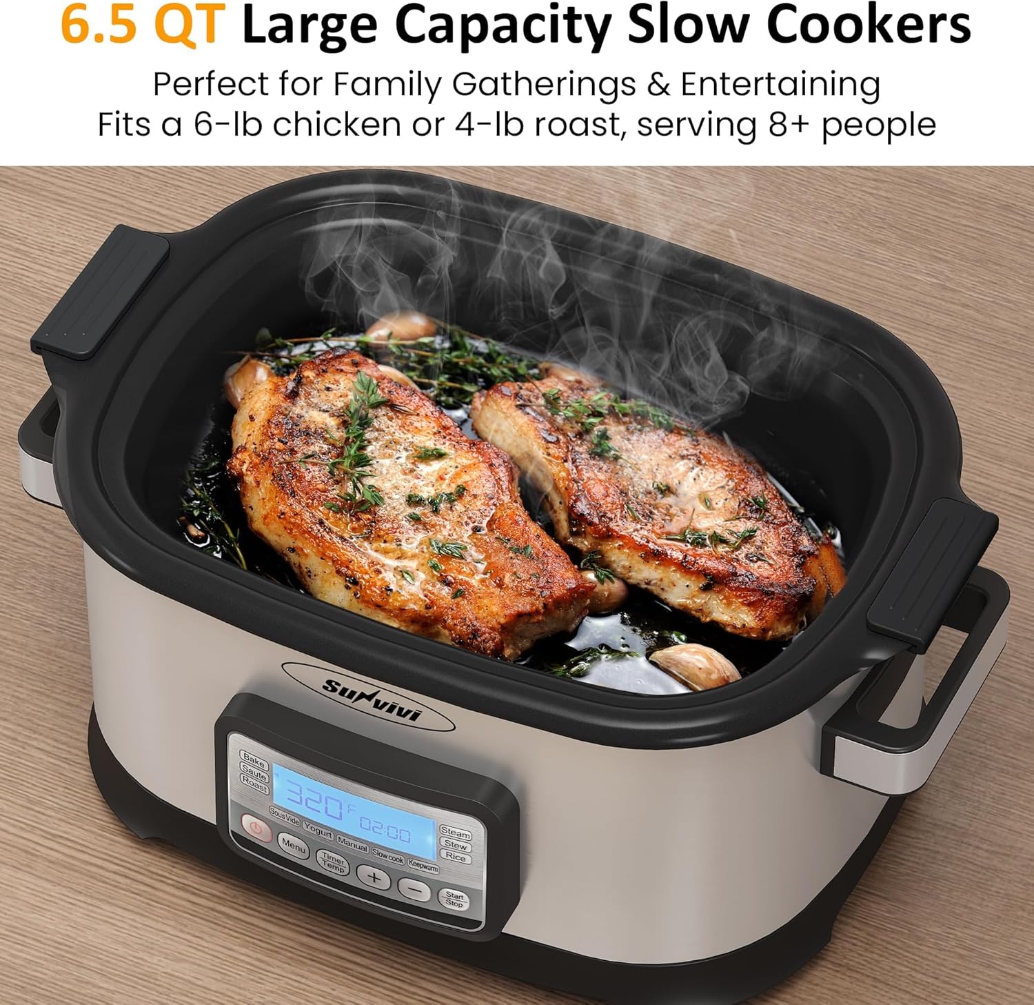 image:imageSunvivi Slow Cooker Roaster Oven 65 Quart 11 in 1 Programmable MultiCooker with Digital Timer Temp Control Keep Warm Removable Nonstick Pot amp DishwasherSafe Glass Lid Sliver