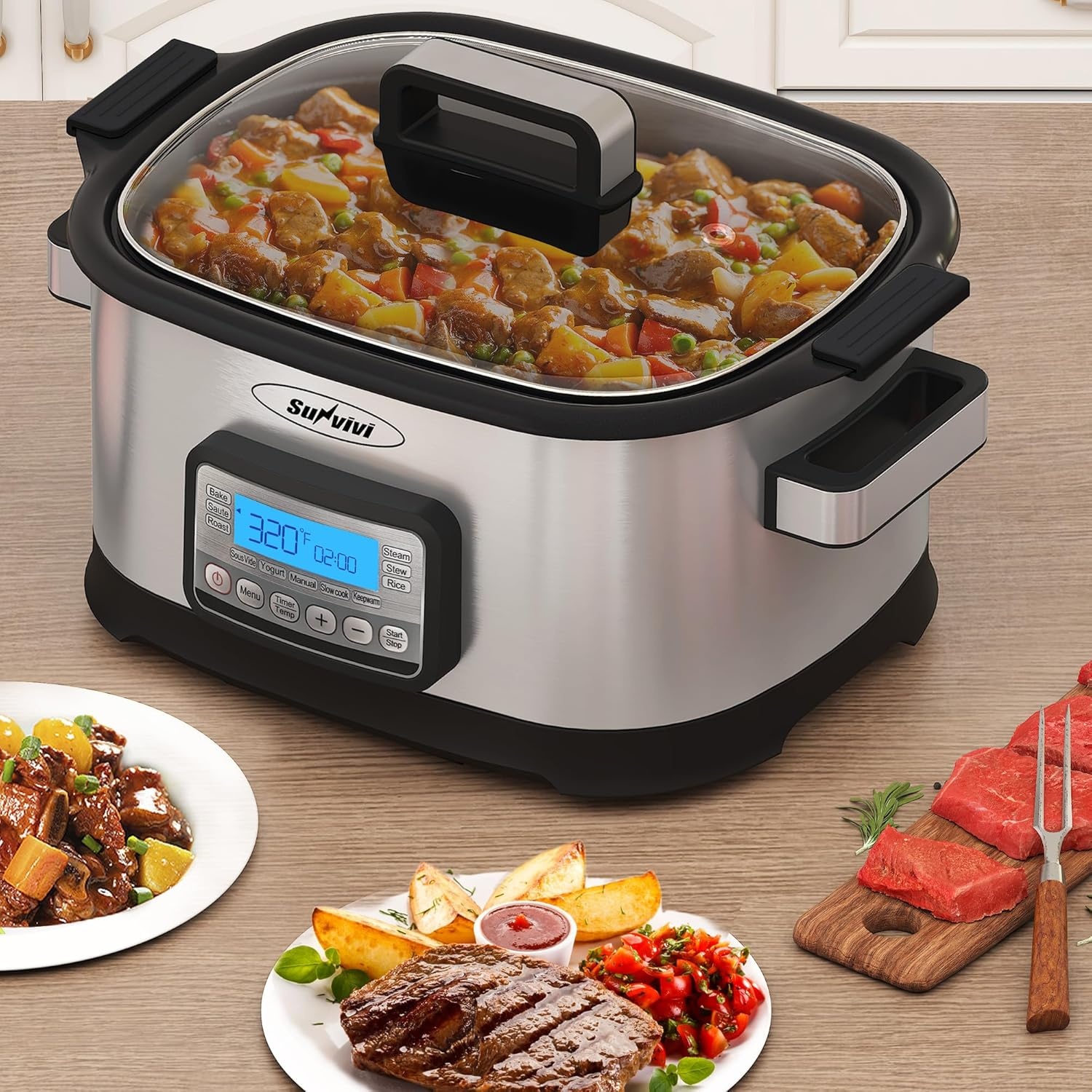 image:imageSunvivi Slow Cooker Roaster Oven 65 Quart 11 in 1 Programmable MultiCooker with Digital Timer Temp Control Keep Warm Removable Nonstick Pot amp DishwasherSafe Glass Lid Sliver