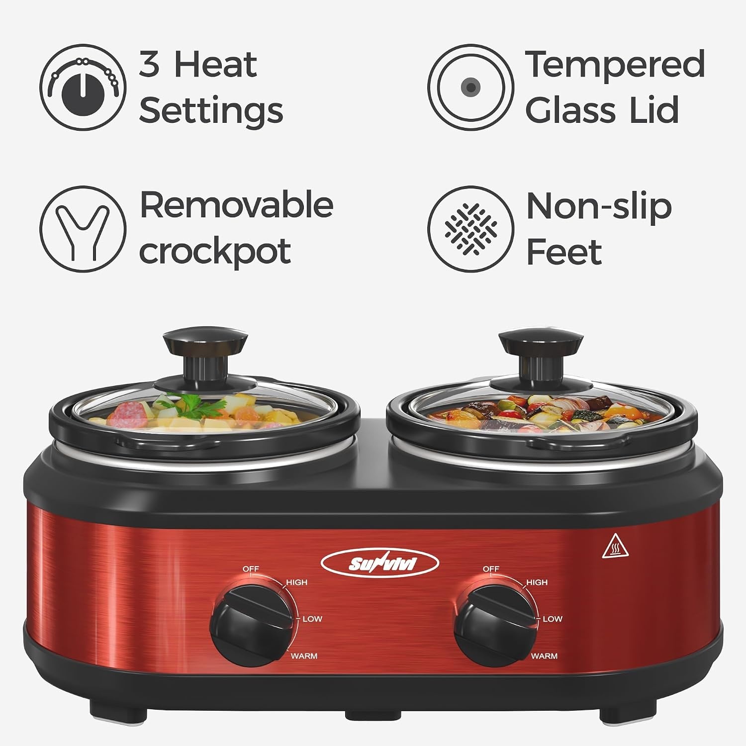 image:imageSunvivi Slow Cooker and Roaster Oven Double Slow Cooker Crock Food Warm Pot Triple Slow Cooker Buffet Servers and Warmer 26 Quart Electric Roaster OvenRed