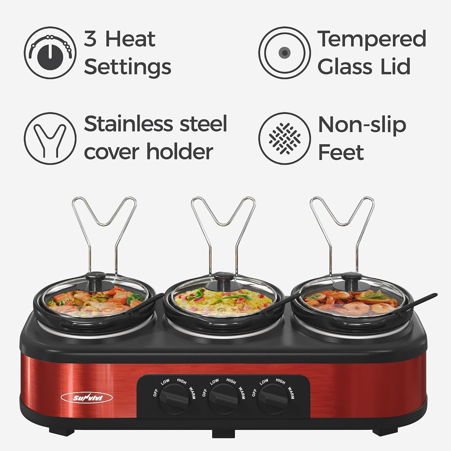 image:imageSunvivi Slow Cooker and Roaster Oven Double Slow Cooker Crock Food Warm Pot Triple Slow Cooker Buffet Servers and Warmer 26 Quart Electric Roaster OvenRed