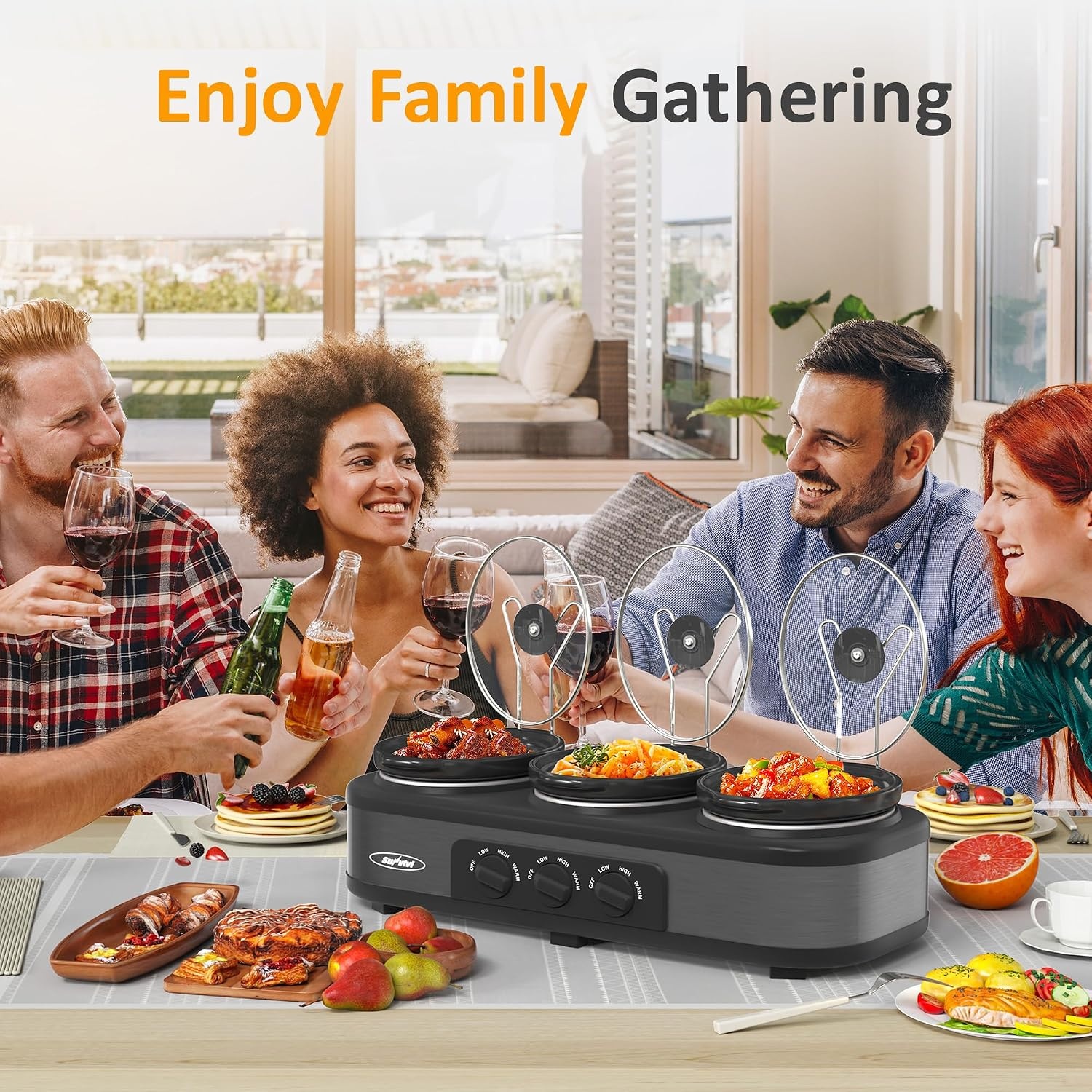 image:imageSunvivi Slow Cooker with 10 Cooking Liners Triple Slow Cooker Buffet Server 3 Pot Food Warmer for Parties with 3 Spoons Lid RestsAdjustable Temp 3 15 Quarts SilverGrey Triple 15QT