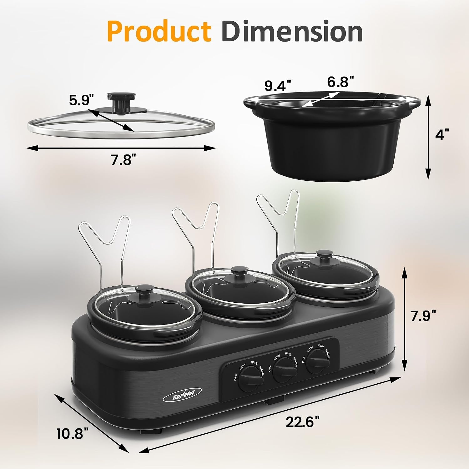 image:imageSunvivi Slow Cooker with 10 Cooking Liners Triple Slow Cooker Buffet Server 3 Pot Food Warmer for Parties with 3 Spoons Lid RestsAdjustable Temp 3 15 Quarts SilverGrey Triple 15QT