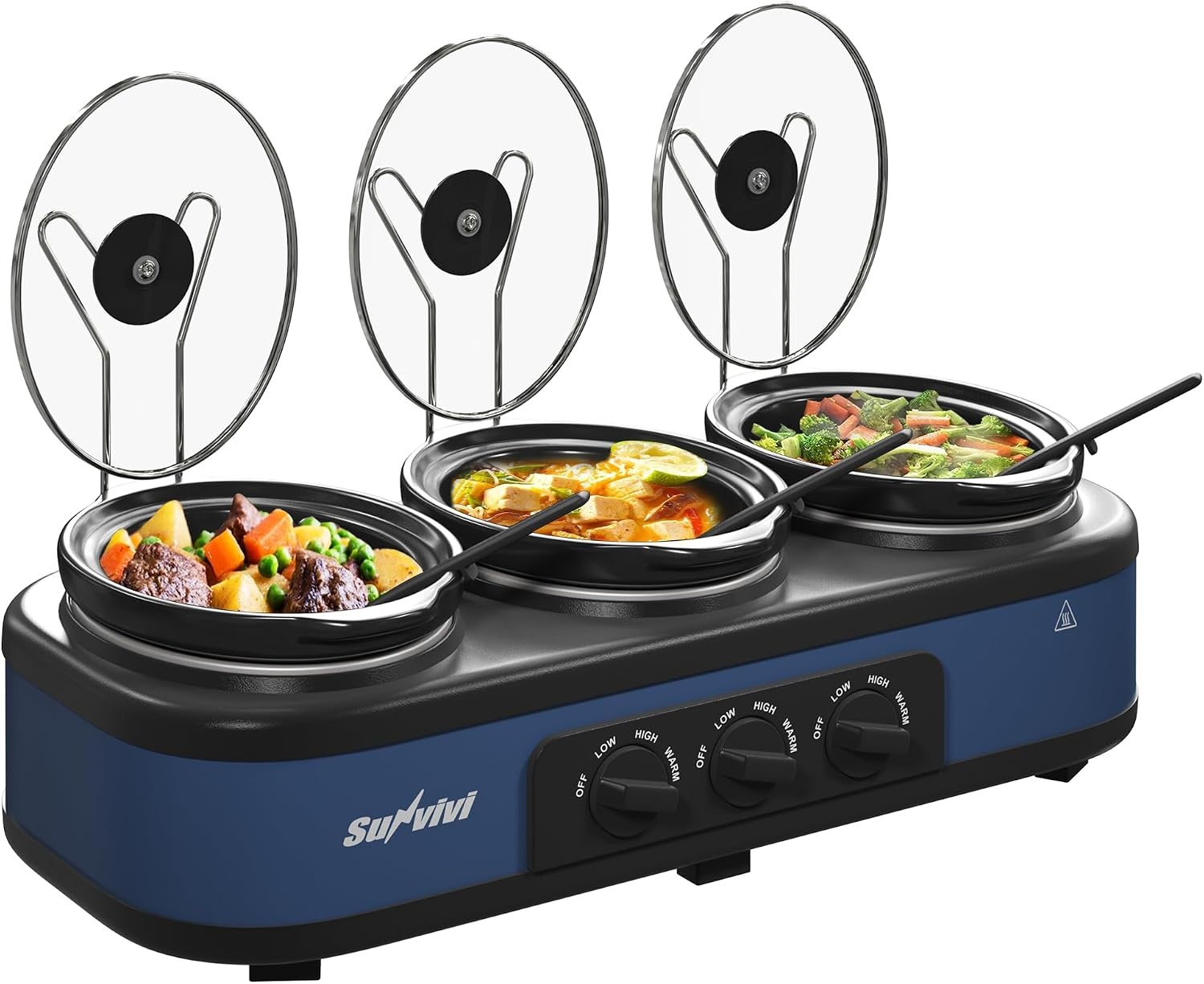 image:imageSunvivi Slow Cooker with 10 Cooking Liners Triple Slow Cooker Buffet Server 3 Pot Food Warmer for Parties with 3 Spoons Lid RestsAdjustable Temp 3 15 Quarts SilverBlue Triple 25QT