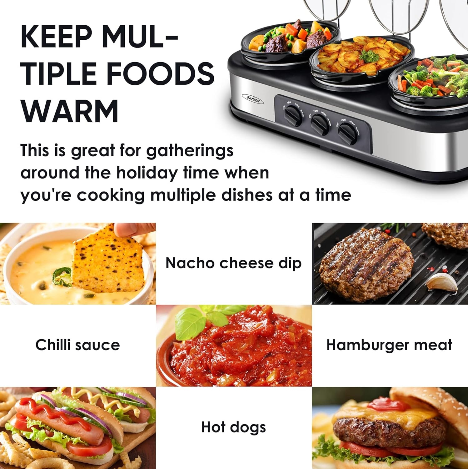 image:imageSunvivi Triple Slow Cooker Buffet Servers and Warmer3 Pot Food Small Mini Manual Slow Cooker with Adjustable Temp Stainless Steel Lid RestsRemovable Ceramic Pot 3 15 Quarts RedBlackSilver