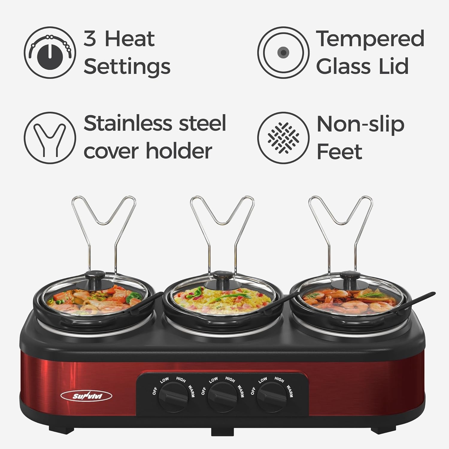 image:imageSunvivi Triple Slow Cooker Buffet Servers and Warmer3 Pot Food Small Mini Manual Slow Cooker with Adjustable Temp Stainless Steel Lid RestsRemovable Ceramic Pot 3 15 Quarts RedRed1