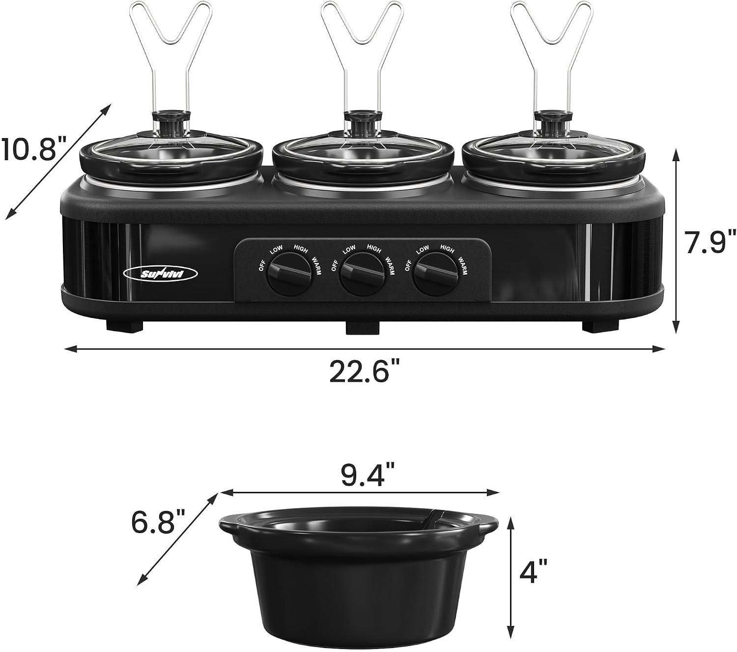 image:imageSunvivi Triple Slow Cooker Buffet Servers and Warmer3 Pot Food Small Mini Manual Slow Cooker with Adjustable Temp Stainless Steel Lid RestsRemovable Ceramic Pot 3 15 Quarts RedBlack1