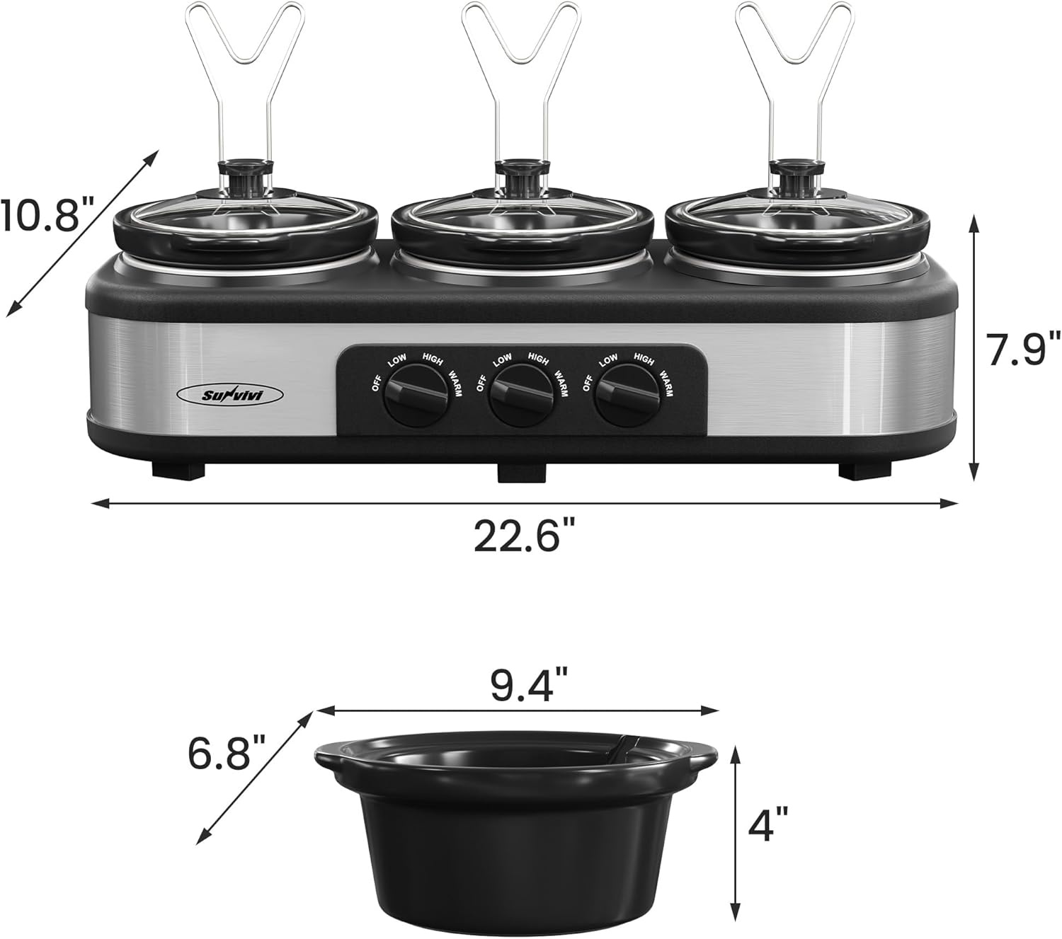 image:imageSunvivi Triple Slow Cooker Buffet Servers and Warmer3 Pot Food Small Mini Manual Slow Cooker with Adjustable Temp Stainless Steel Lid RestsRemovable Ceramic Pot 3 15 Quarts RedBlackSilver