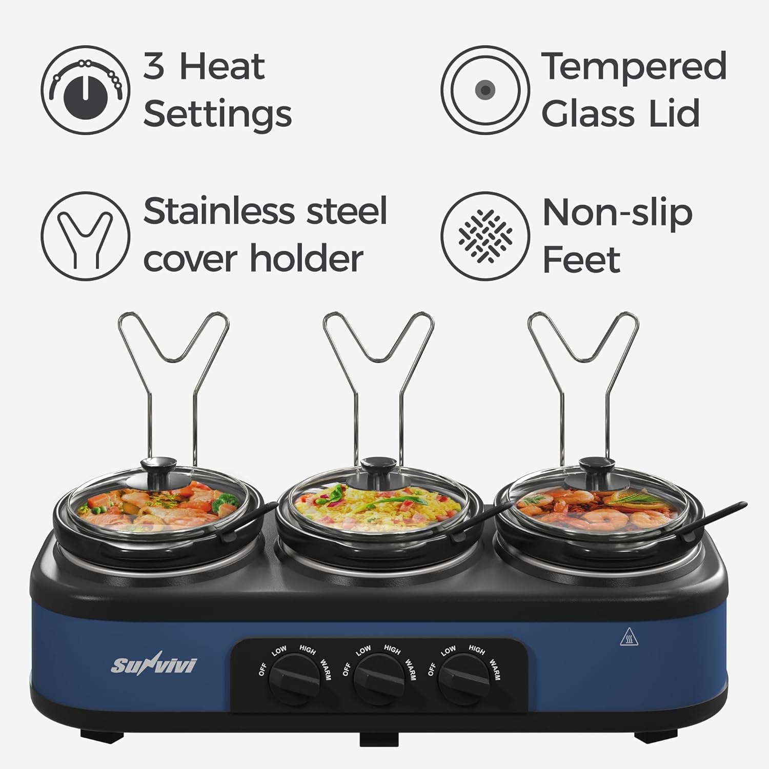 image:imageSunvivi Triple Slow Cooker Buffet Servers and Warmer3 Pot Food Small Mini Manual Slow Cooker with Adjustable Temp Stainless Steel Lid RestsRemovable Ceramic Pot 3 15 Quarts Redblue