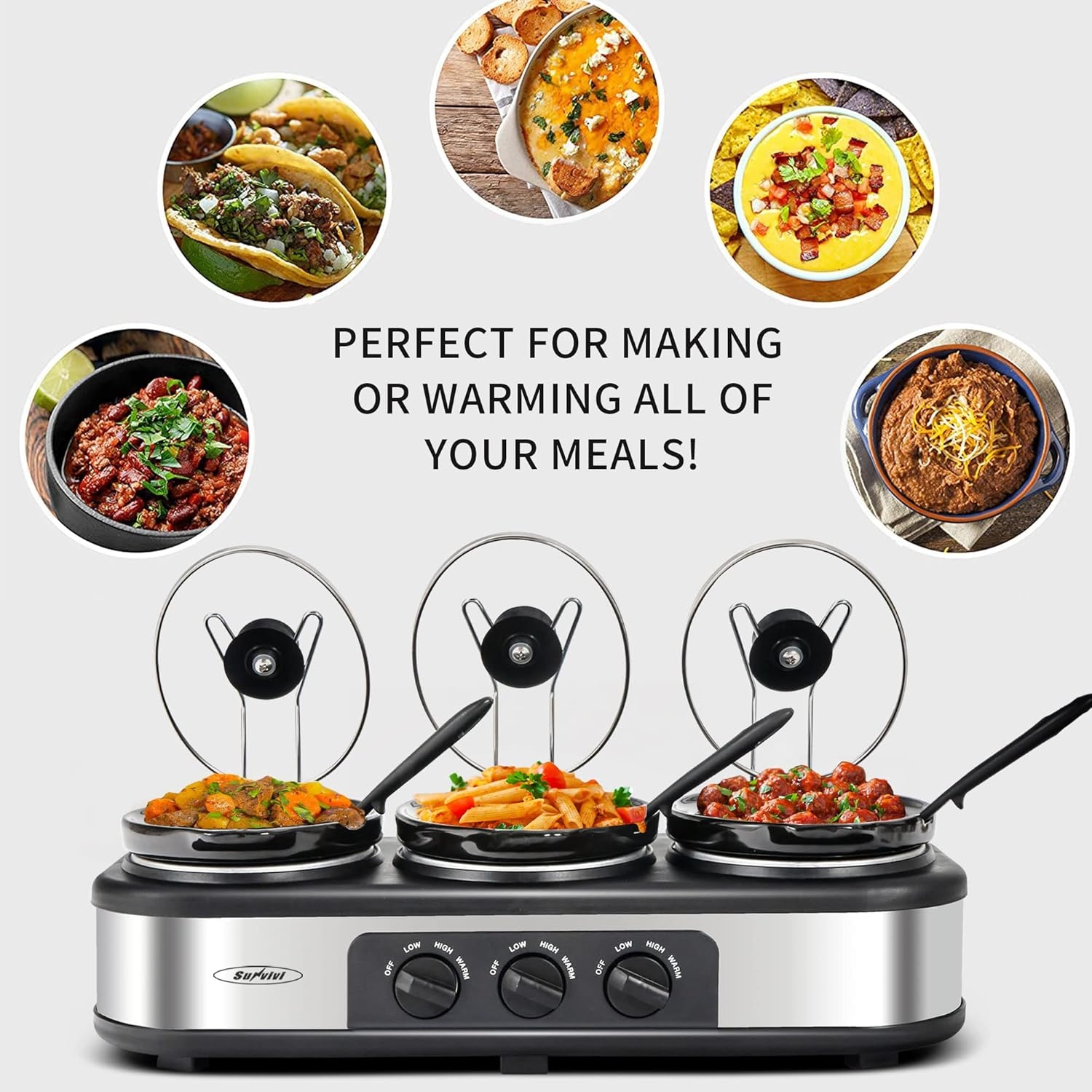 image:imageSunvivi Triple Slow Cooker Buffet Servers and Warmer3 Pot Food Small Mini Manual Slow Cooker with Adjustable Temp Stainless Steel Lid RestsRemovable Ceramic Pot 3 15 Quarts RedBlackSilver