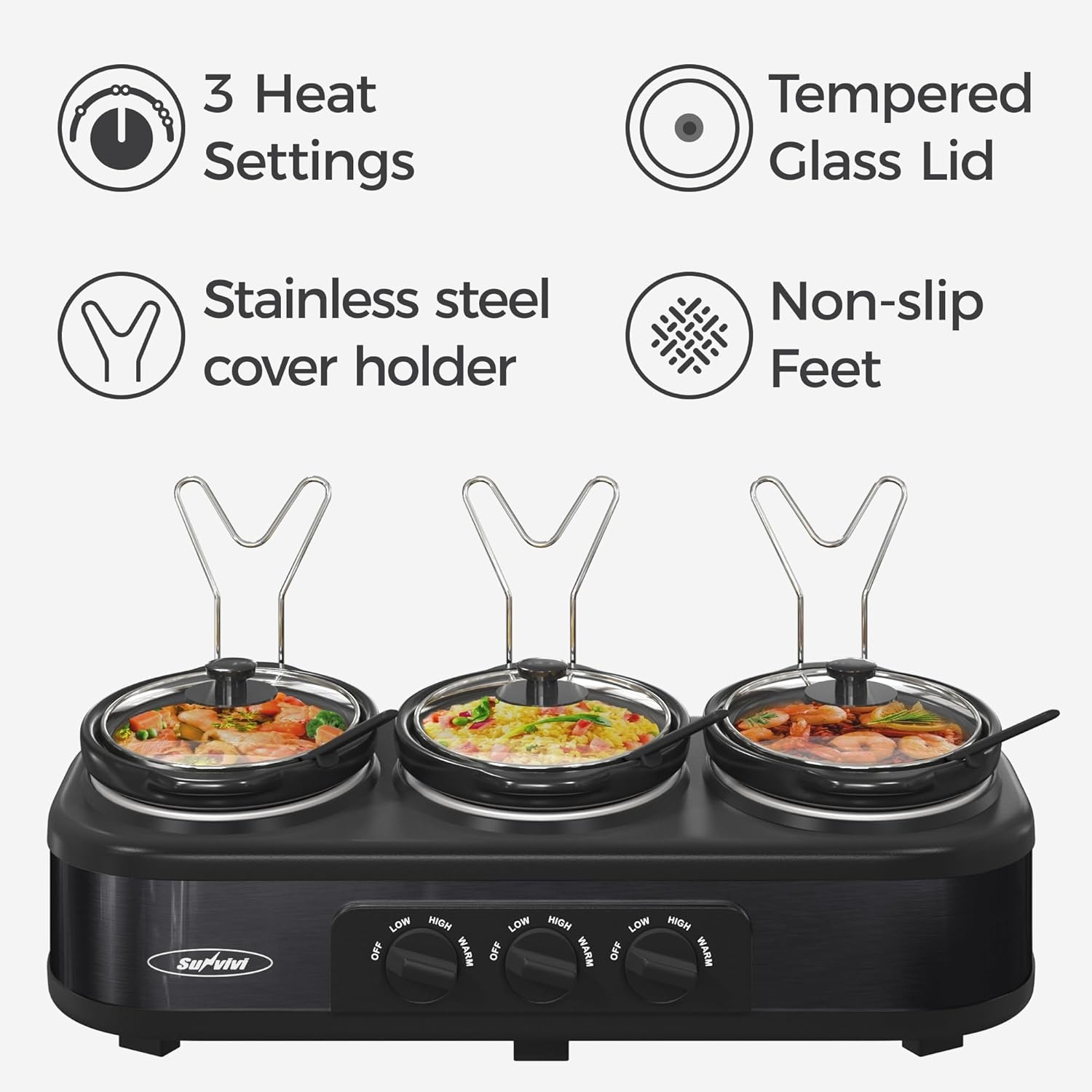 image:imageSunvivi Triple Slow Cooker Buffet Servers and Warmer3 Pot Food Small Mini Manual Slow Cooker with Adjustable Temp Stainless Steel Lid RestsRemovable Ceramic Pot 3 15 Quarts RedBlack1