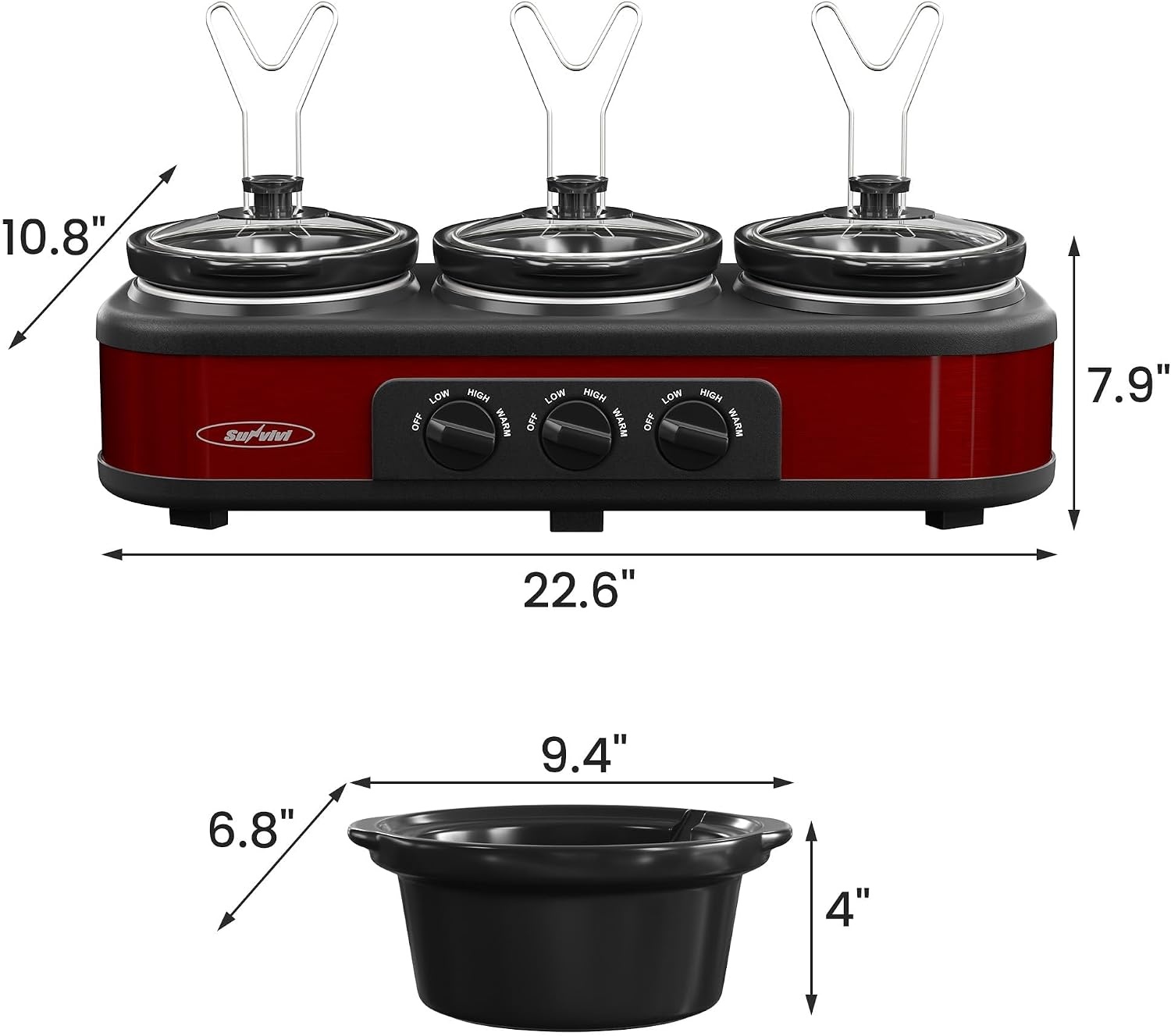 image:imageSunvivi Triple Slow Cooker Buffet Servers and Warmer3 Pot Food Small Mini Manual Slow Cooker with Adjustable Temp Stainless Steel Lid RestsRemovable Ceramic Pot 3 15 Quarts RedRed1