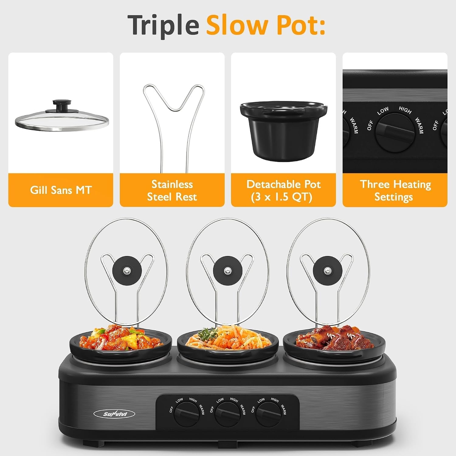 image:imageSunvivi Triple Slow Cooker Buffet Servers and Warmer3 Pot Food Small Mini Manual Slow Cooker with Adjustable Temp Stainless Steel Lid RestsRemovable Ceramic Pot 3 15 Quarts RedGray