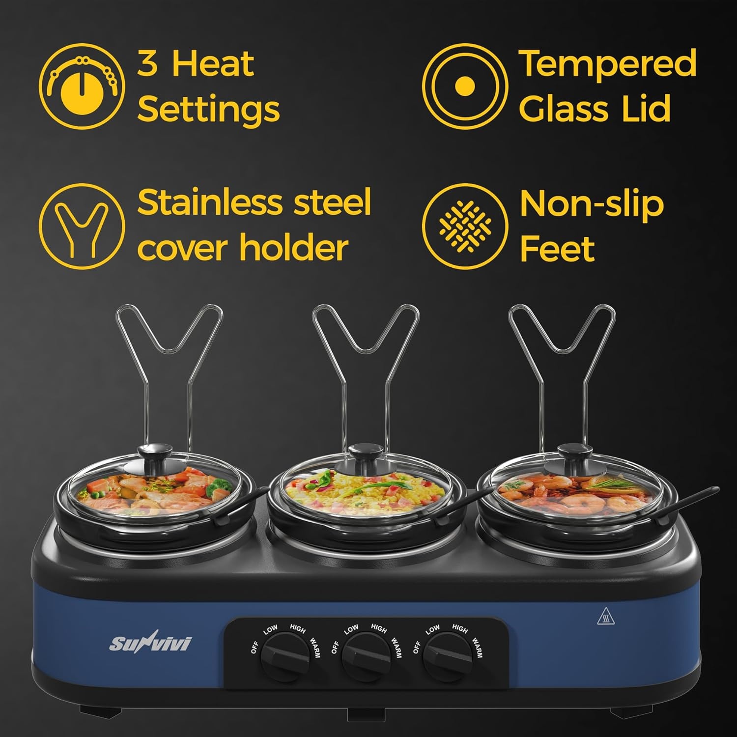 image:imageSunvivi Triple Slow Cooker Buffet Servers and Warmer3 Pot Food Small Mini Manual Slow Cooker with Adjustable Temp Stainless Steel Lid RestsRemovable Ceramic Pot 3 15 Quarts Redblue
