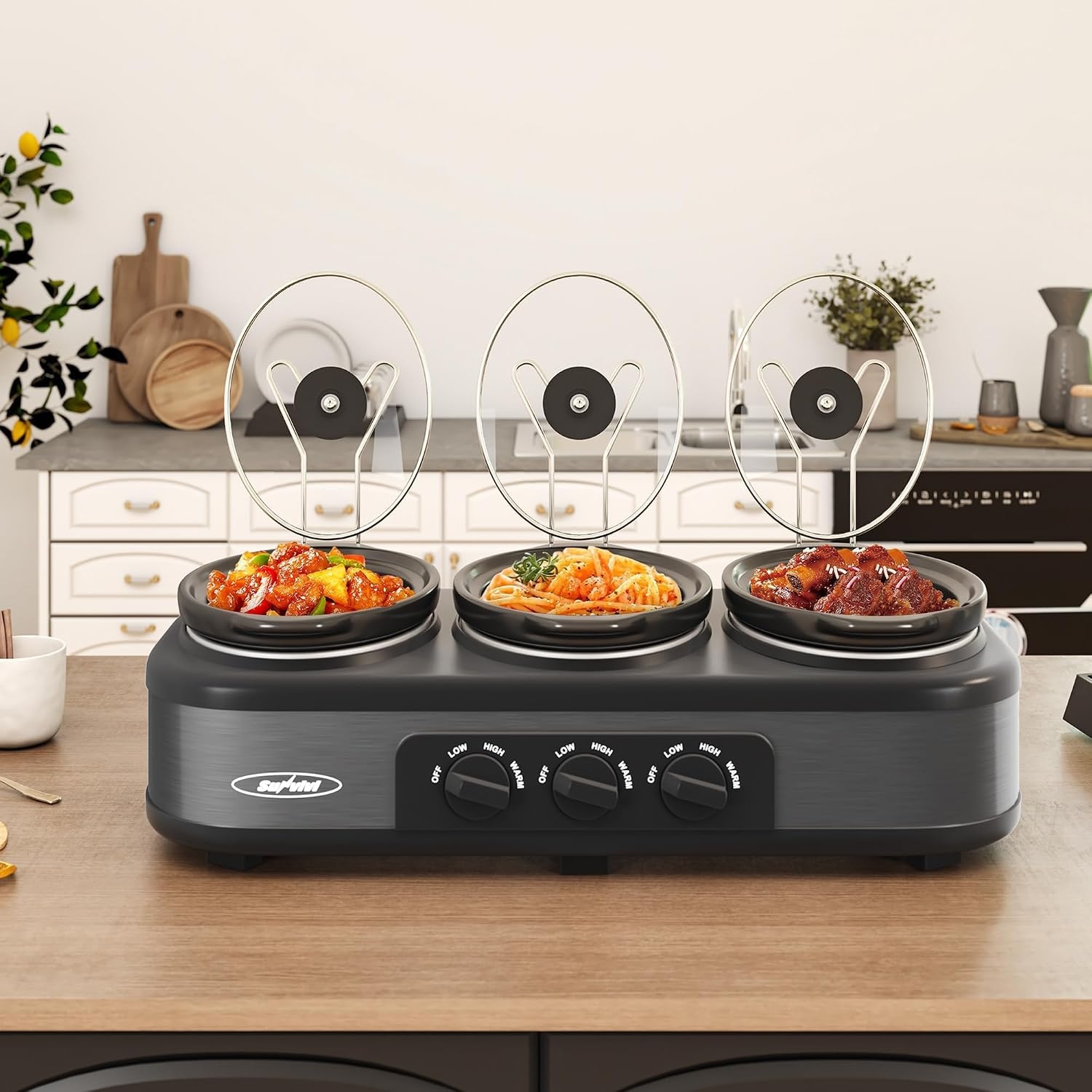 image:imageSunvivi Triple Slow Cooker Buffet Servers and Warmer3 Pot Food Small Mini Manual Slow Cooker with Adjustable Temp Stainless Steel Lid RestsRemovable Ceramic Pot 3 15 Quarts RedGray