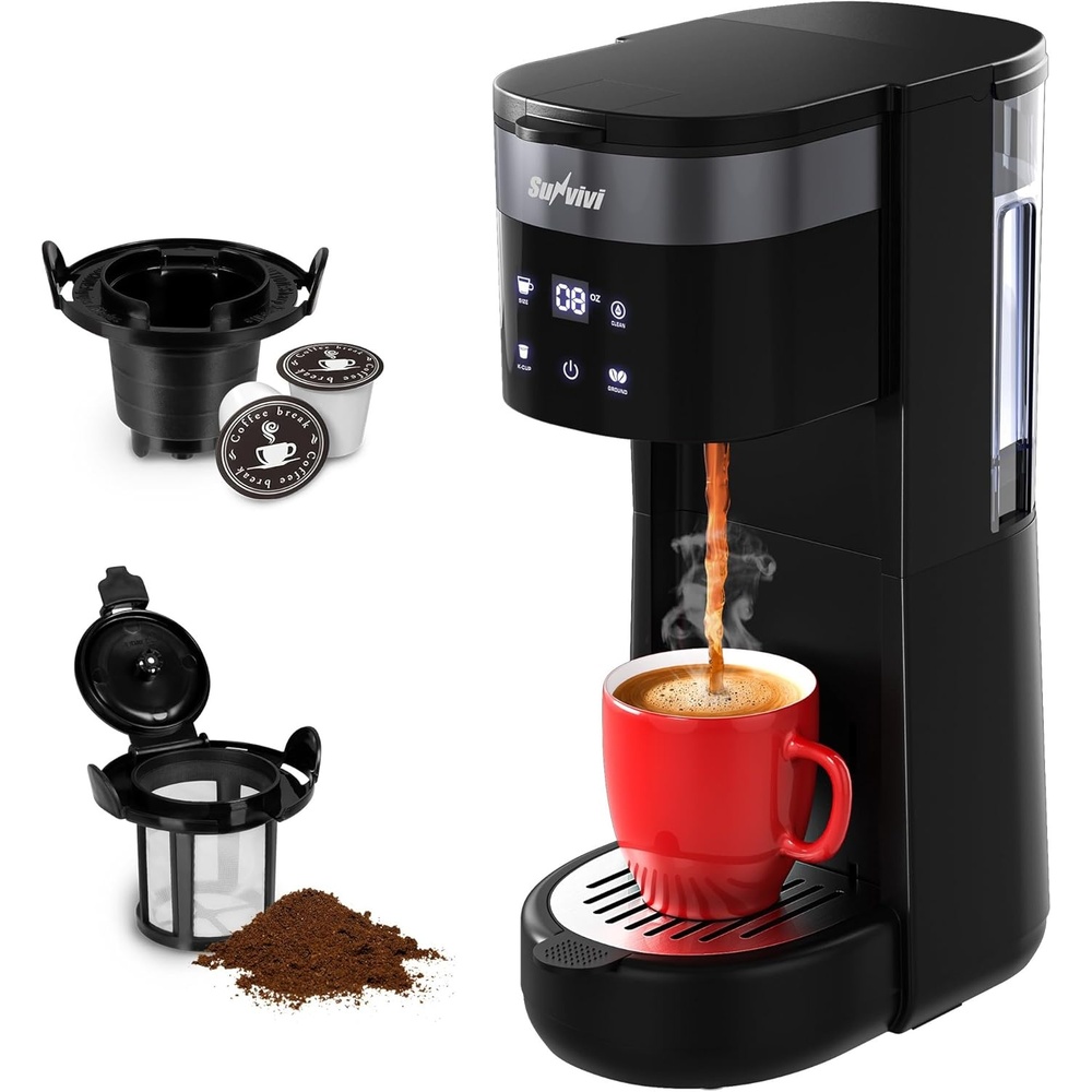 image:imageSUNVIVI 3in1 Single Serve Coffee Machine Brewer for KCup Pods Ground Coffee and Teas Brew Sizes 8 to 14oz 30oz Removable Water Reservoir 2 Cup Trays SelfCleaning Function Black