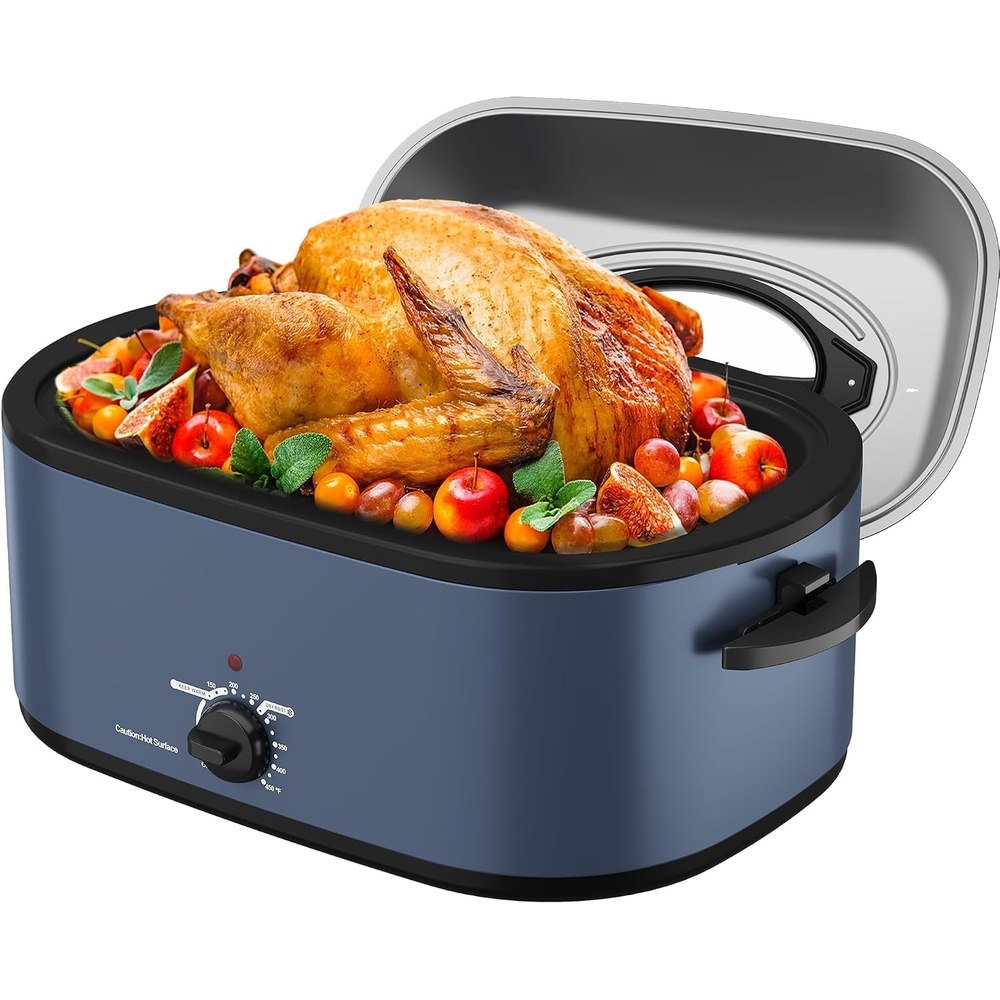 image:imageSUNVIVIPRO Roaster Oven 28 Quart Electric Turkey Roaster with SelfBasting Lid Removable Pan amp Rack Variable Temp Control Stainless Steel GreyBlue