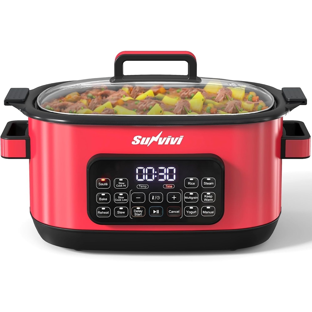 image:imageSunvivi 12in1 Multi Cooker 65QT Programmable Slow Cooker with Timer amp Temp Control Auto Warm Setting Delay Start Dishwasher Safe Lid amp Removable Nonstick Crock Stainless Steel Rack SliverRed
