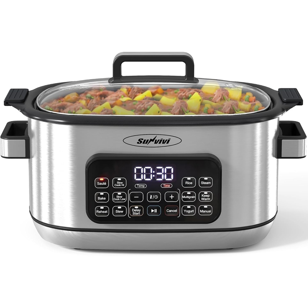 image:imageSunvivi 12in1 Multi Cooker 65QT Programmable Slow Cooker with Timer amp Temp Control Auto Warm Setting Delay Start Dishwasher Safe Lid amp Removable Nonstick Crock Stainless Steel Rack SliverSilver