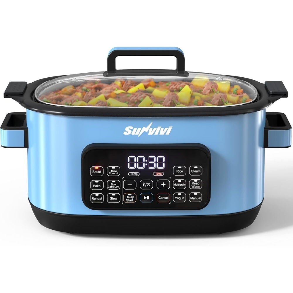 image:imageSunvivi 12in1 Multi Cooker 65QT Programmable Slow Cooker with Timer amp Temp Control Auto Warm Setting Delay Start Dishwasher Safe Lid amp Removable Nonstick Crock Stainless Steel Rack SliverBlue