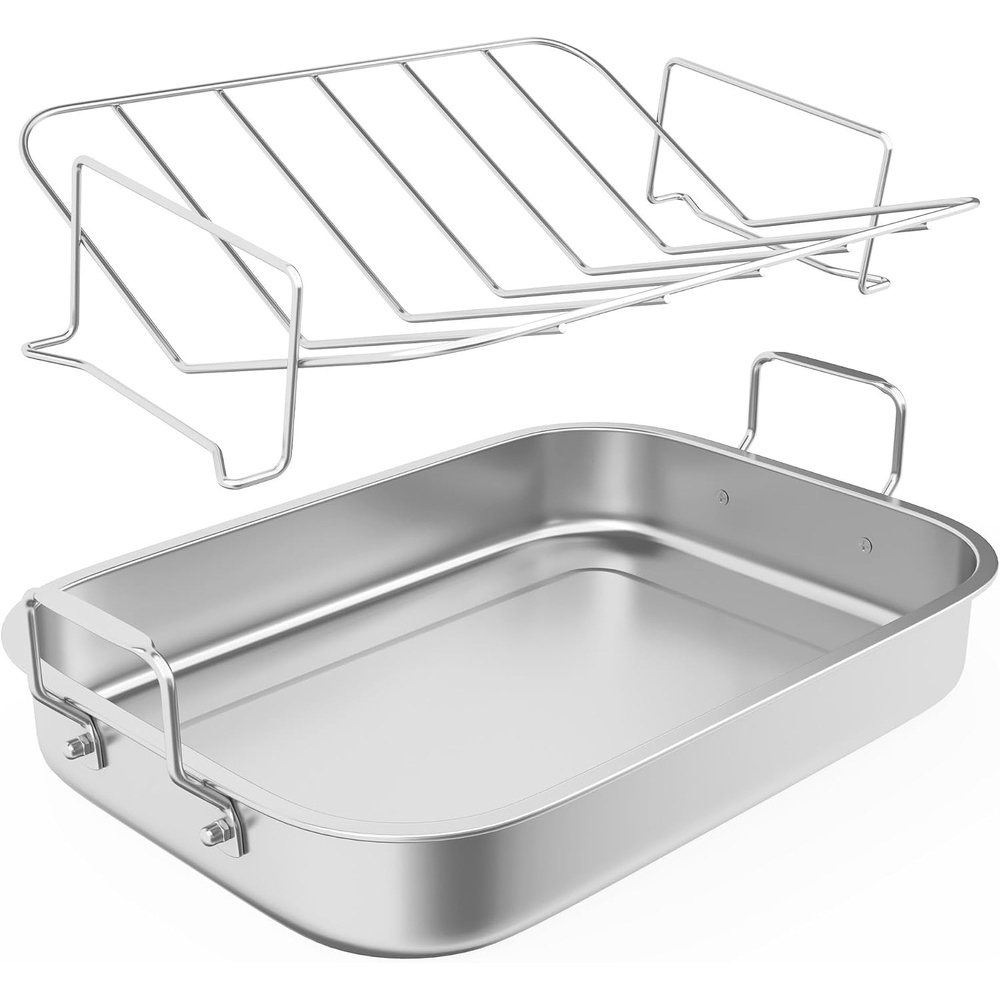 image:imageSunvivi 156 Roasting Pan with VShaped Rack Rectangular Lasagna Pan with Handle NonStick Stainless Steal Roaster for Turkey Chicken Vegetable Lasagna Heavy Duty amp Dishwasher Safe