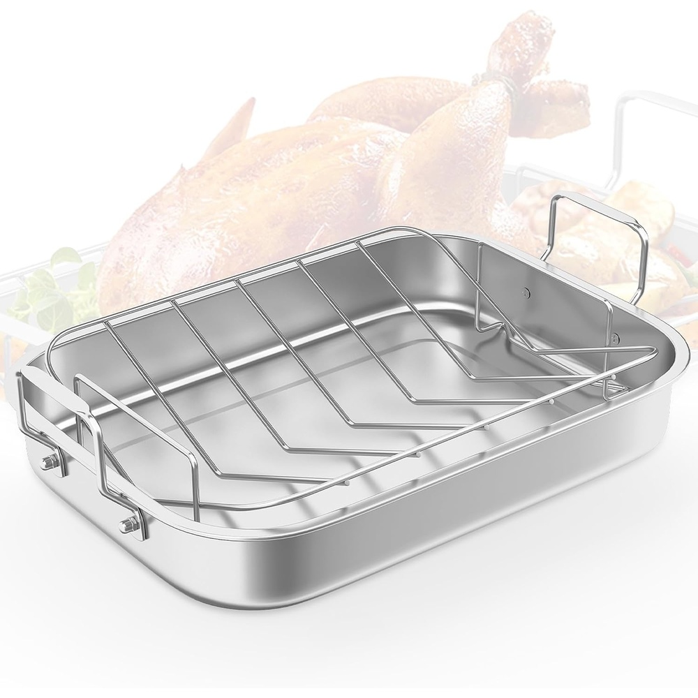 image:imageSunvivi 156 Roasting Pan with VShaped Rack Rectangular Lasagna Pan with Handle NonStick Stainless Steal Roaster for Turkey Chicken Vegetable Lasagna Heavy Duty amp Dishwasher Safe156