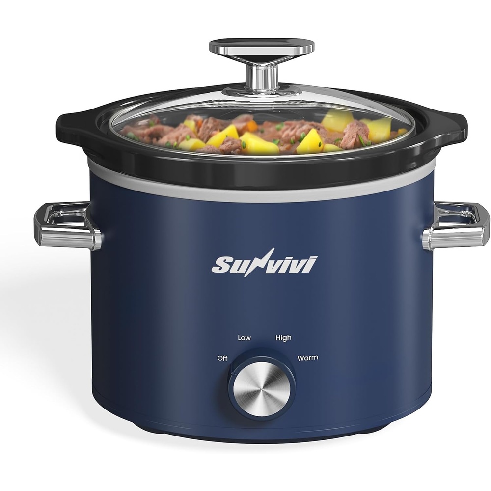 image:imageSunvivi 2 Quart Slow Cooker Small Slow Cooker with Removable Ceramic Pot Slow Cookers Food Warmer with 3 Heating Settings amp Dishwasher Safe Glass Lid GreyBlue