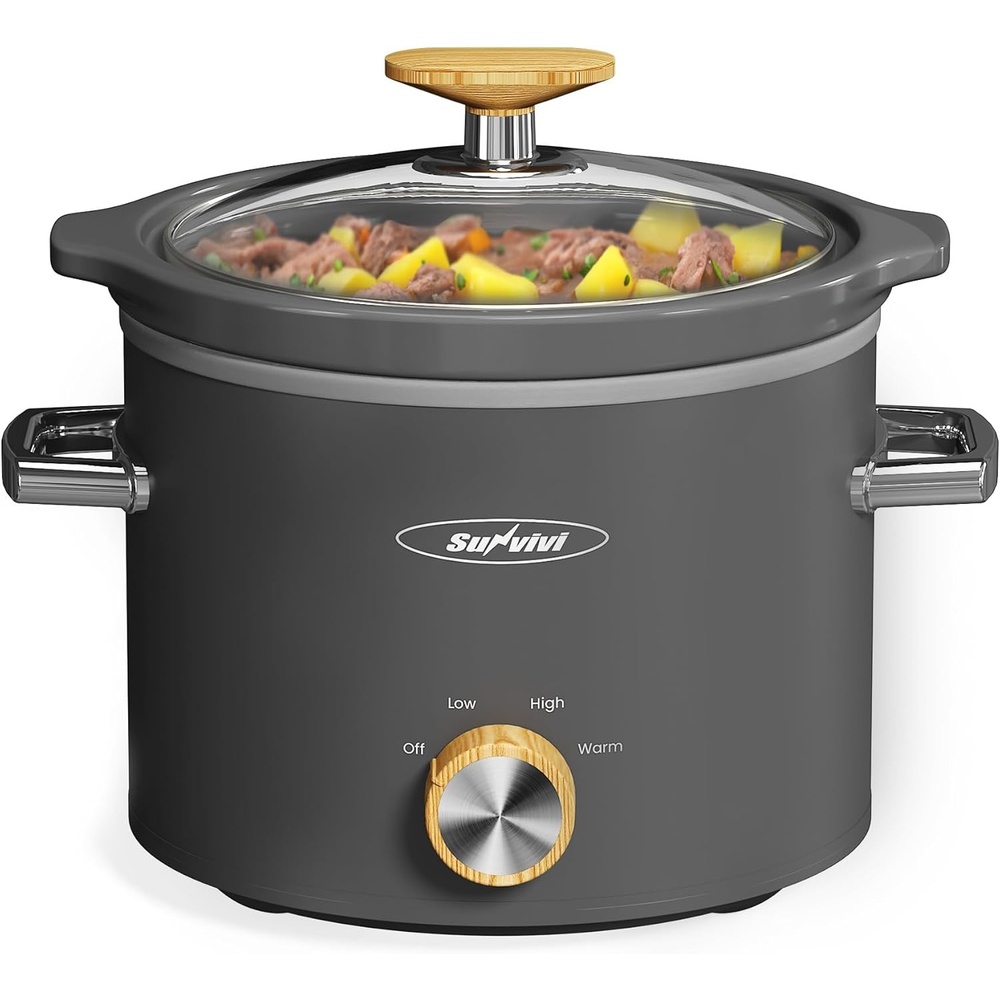 image:imageSunvivi 2 Quart Slow Cooker Small Slow Cooker with Removable Ceramic Pot Slow Cookers Food Warmer with 3 Heating Settings amp Dishwasher Safe Glass Lid GreyGrey