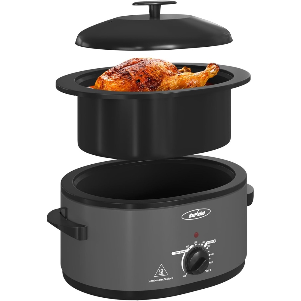 image:imageSunvivi 20Quart Roaster Oven with SelfBasting Lid Electric Turkey Roaster Oven with Removable Pan and Rack Stainless Steel BlackGrey