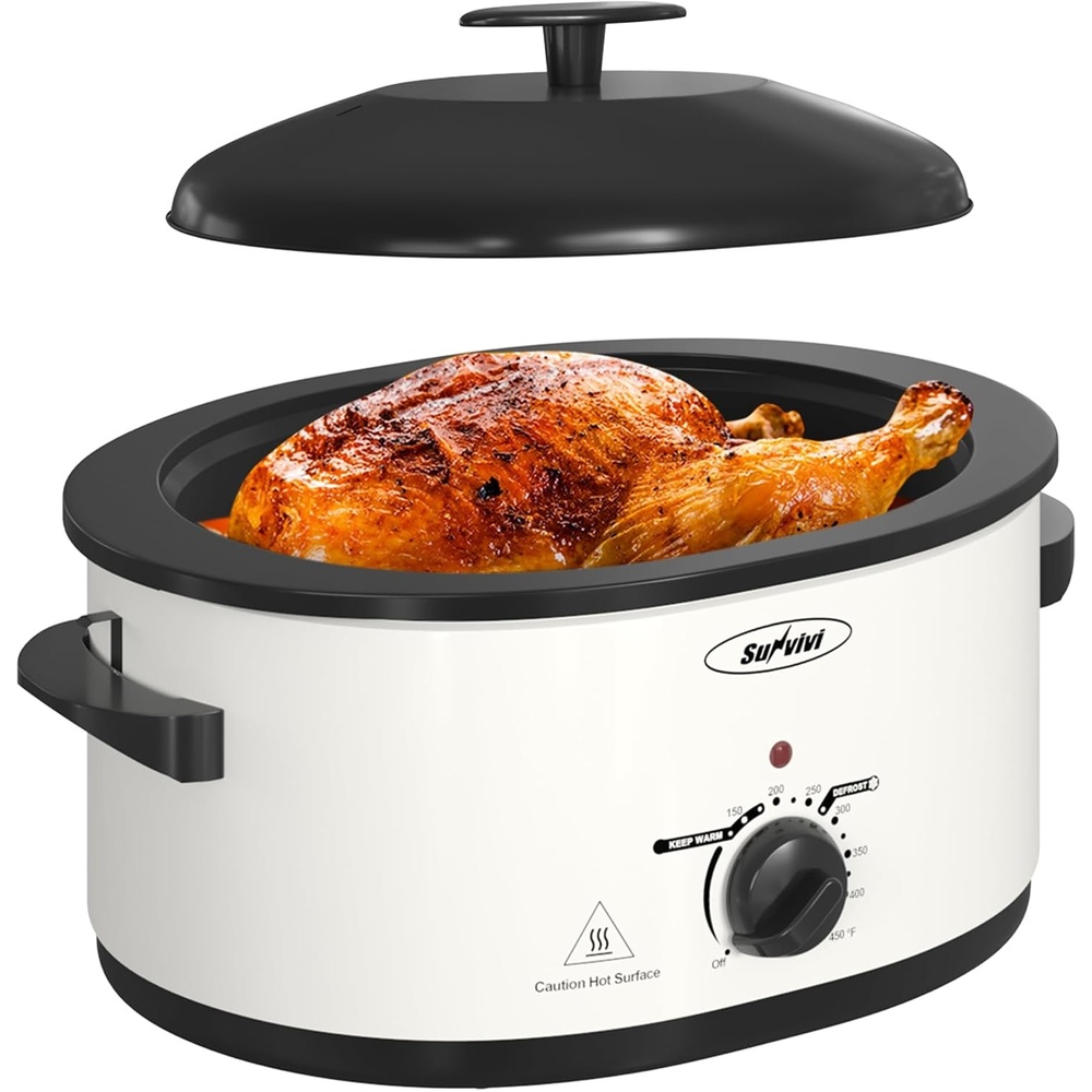 image:imageSunvivi 20Quart Roaster Oven with SelfBasting Lid Electric Turkey Roaster Oven with Removable Pan and Rack Stainless Steel BlackWhite