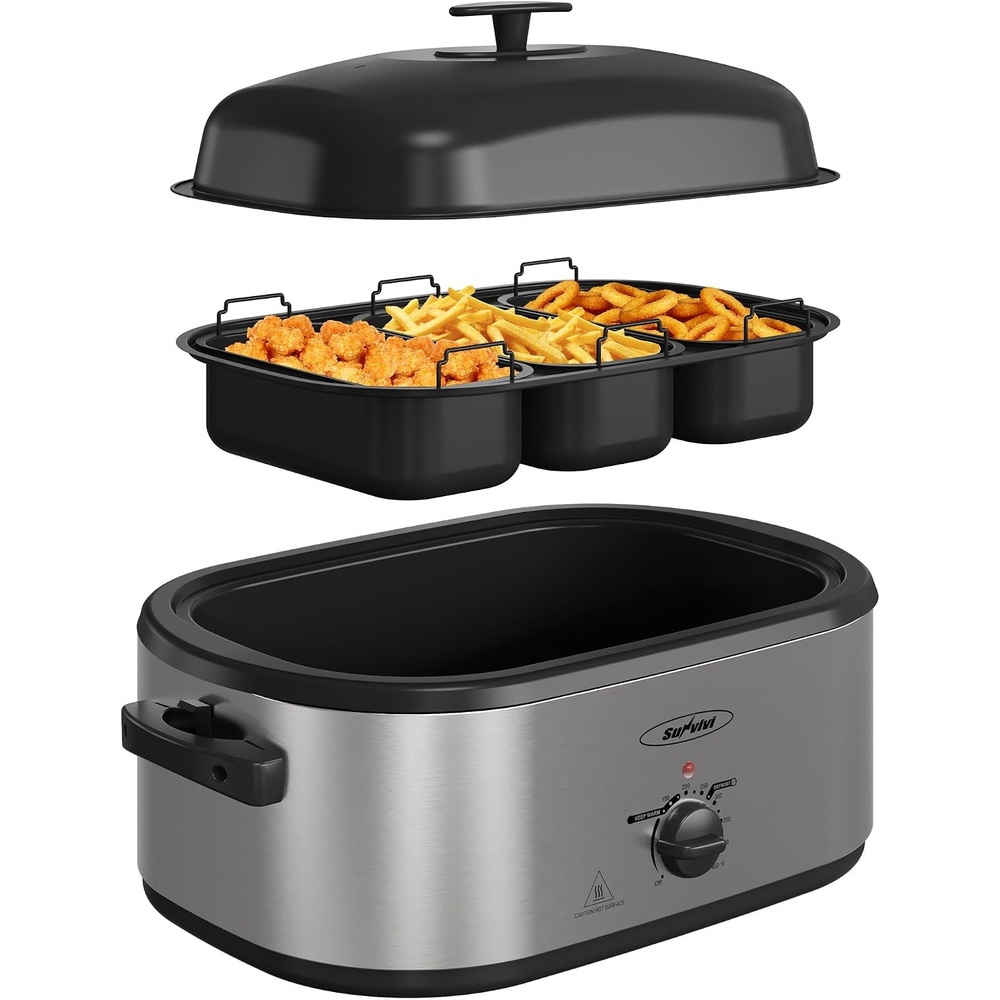image:imageSunvivi 24 QT Electric Roaster Oven with SelfBasting Lid 3 Compartments and Keep Warm Function FullRange Temperature Control 150450F Stainless SteelSilver