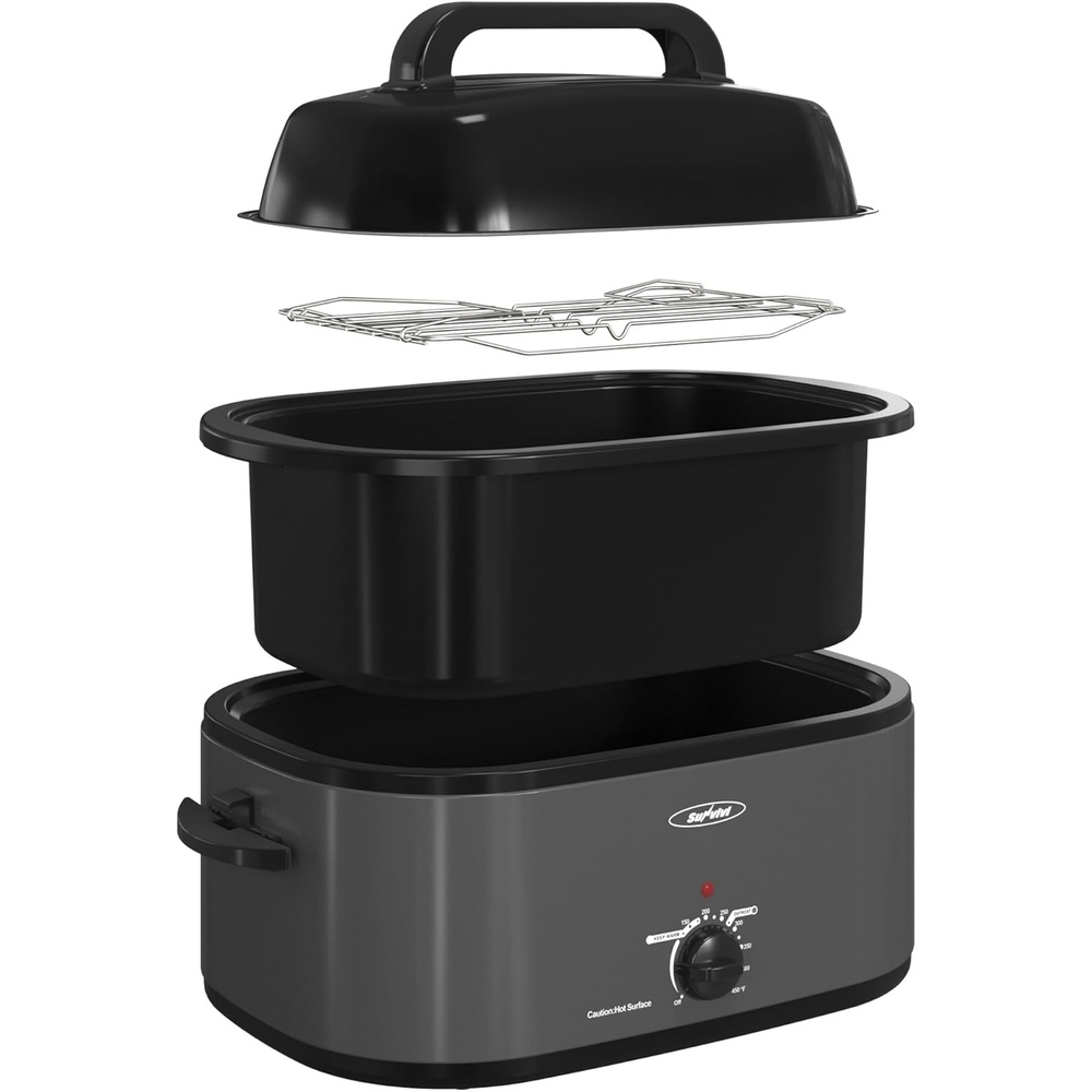 image:imageSunvivi 28 Quart Electric Roaster Oven Turkey Roaster with Lid Electric Roasters with Removable Pan Large RoasterVisible amp Selfbasting Lid Fast Heating amp Thawwarming SettingSilverGrey