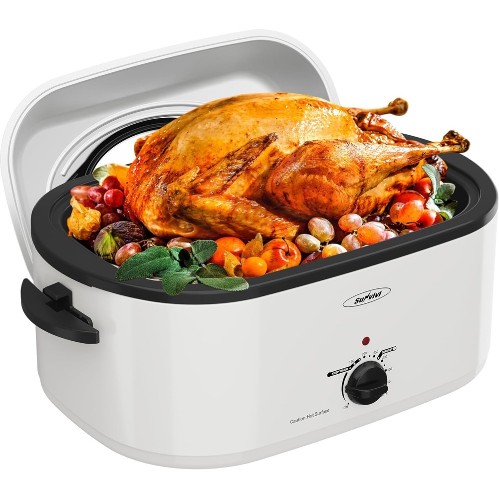 image:imageSunvivi 28 Quart Electric Roaster Oven Turkey Roaster with Lid Electric Roasters with Removable Pan Large RoasterVisible amp Selfbasting Lid Fast Heating amp Thawwarming SettingSilverWhite