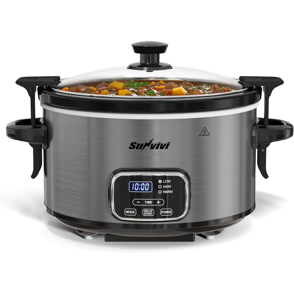 image:imageSunvivi 4QT Programmable Slow Cooker with Locking Lid Removable Ceramic Pot 3 Heating Settings amp Timer DishwasherSafe Stainless SteelGrey