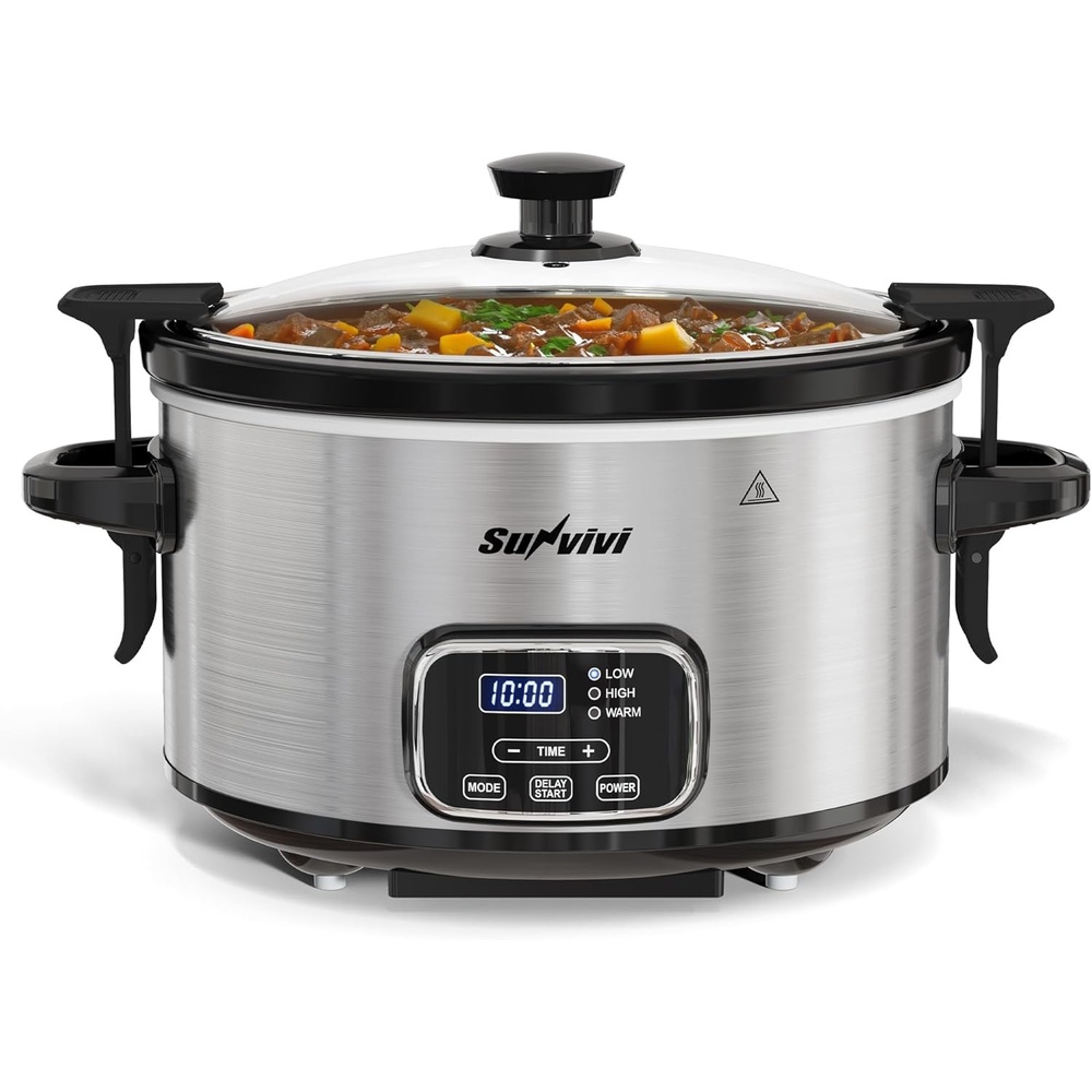 image:imageSunvivi 4QT Programmable Slow Cooker with Locking Lid Removable Ceramic Pot 3 Heating Settings amp Timer DishwasherSafe Stainless SteelSilver