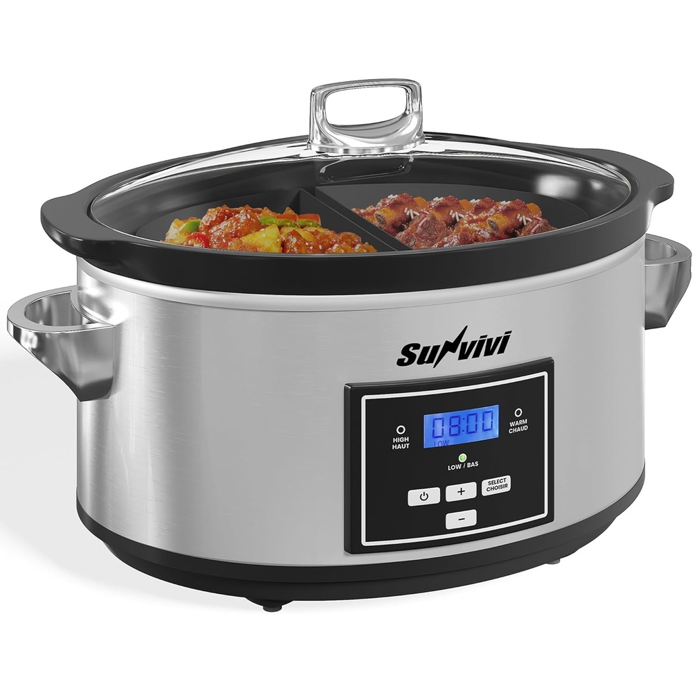 image:imageSunvivi 4QT Programmable Slow Cooker with Locking Lid Removable Ceramic Pot 3 Heating Settings amp Timer DishwasherSafe Stainless SteelSilver1