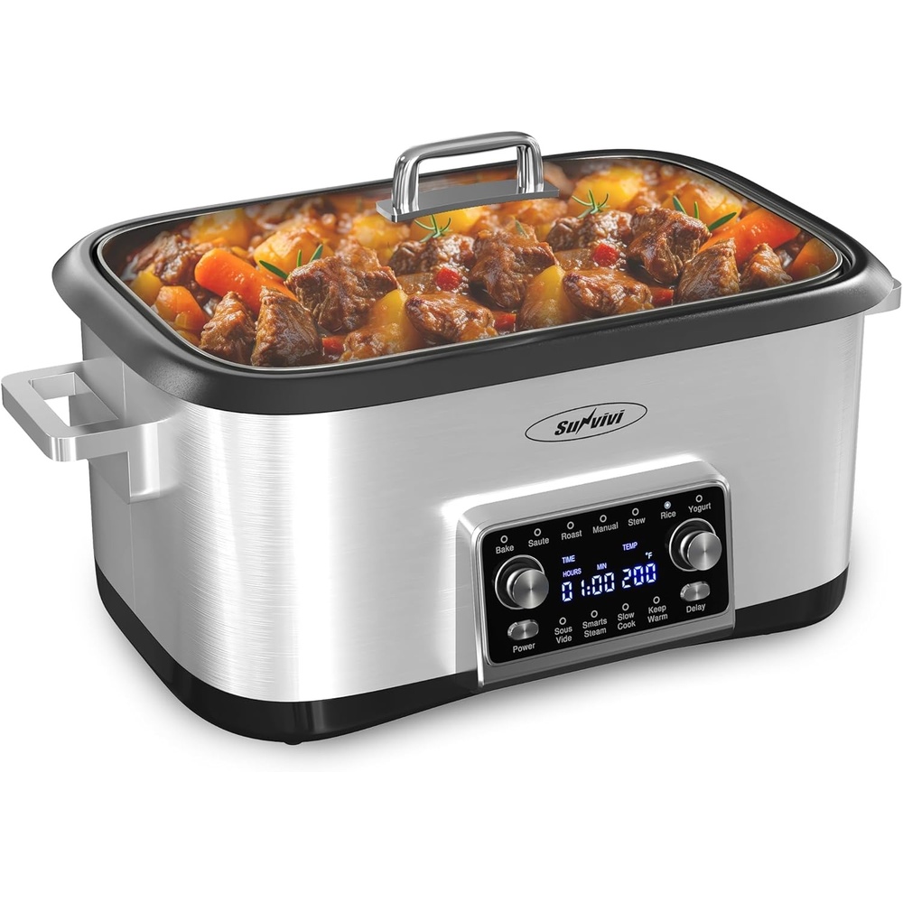image:imageSunvivi 8 Quart Slow Cooker Roaster Oven 12 in 1 Programmable MultiCooker with Digital Timer Temp Control Keep Warm Removable Nonstick Aluminum Pot amp DishwasherSafe Glass Lid Stainless Steel