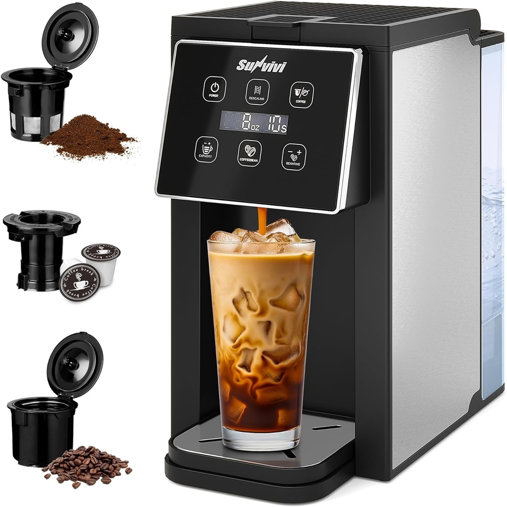 image:imageSunvivi Coffee Maker with Coffee Grinder 3 in 1 Single Serve Coffee Machine Compatible Capsule coffee Ground Coffee amp Tea614 Oz CupRemovable 50 Oz Water ReservoirDescaling FunctionBlackSilver