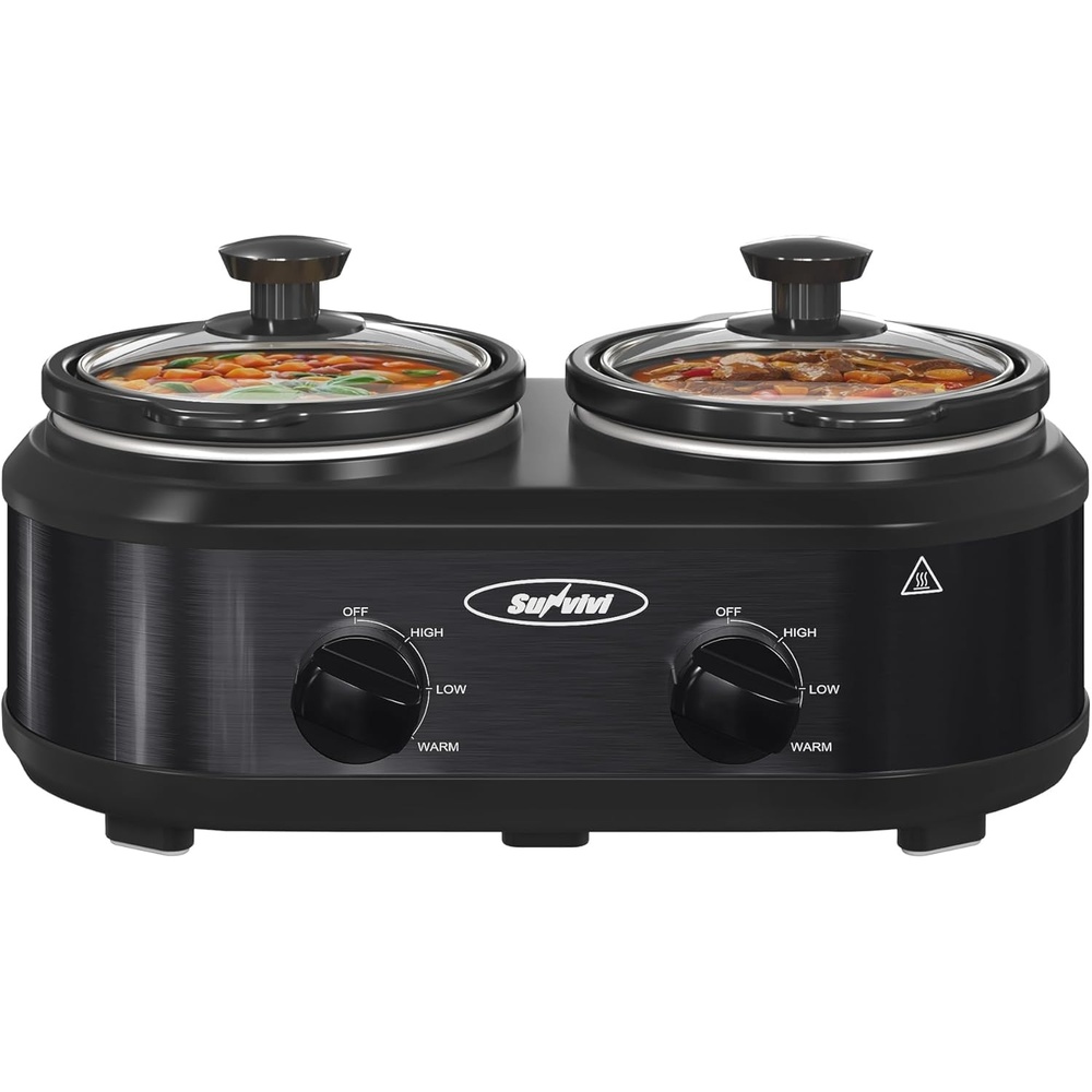 image:imageSunvivi Double Slow Cooker2 Pot Small Mini Crock Buffet Servers and WarmerDual Pot Oval Manual Slow Cooker with Adjustable Temp Removable Ceramic PotStainless Steel Total 2 125 Quarts BlackBlack