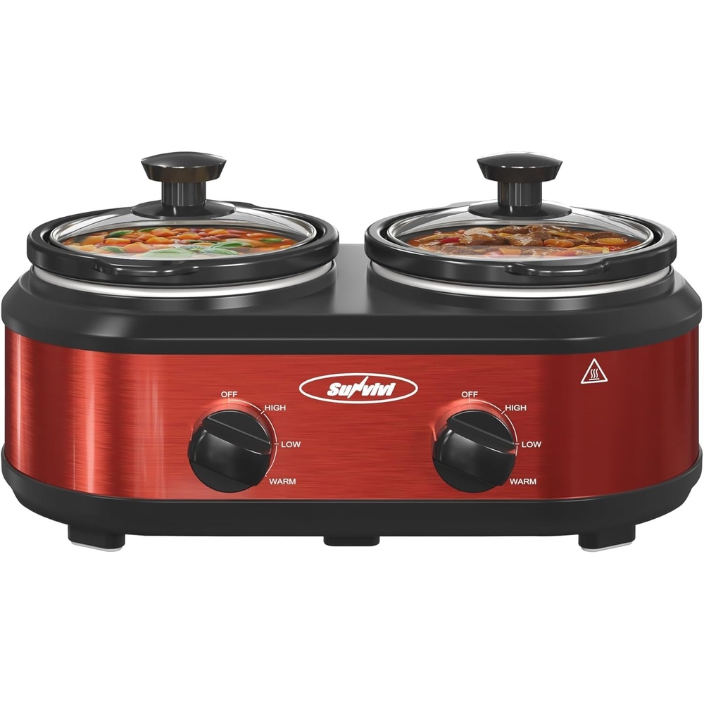 image:imageSunvivi Double Slow Cooker2 Pot Small Mini Crock Buffet Servers and WarmerDual Pot Oval Manual Slow Cooker with Adjustable Temp Removable Ceramic PotStainless Steel Total 2 125 Quarts BlackRed
