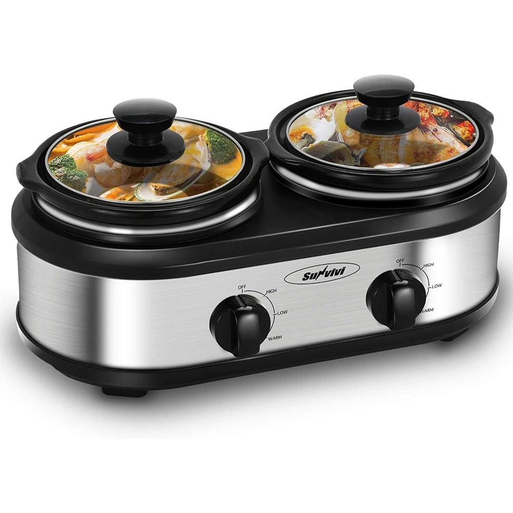 image:imageSunvivi Dual Slow Cooker Buffet Server and Food Warmer Small Mini Pot with 3 Adjustable Temp amp 2 Visible Glass Lids for Parties Holidays and Entertaining Stainless Steel 2 125 QuartsSilver