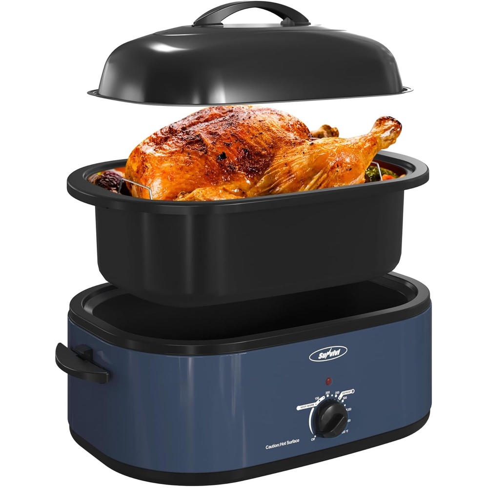 image:imageSunvivi Electric Roaster 26Quart Electric Roaster Oven featuring a Glass Lid Ideal for Turkey Roasting with SelfBasting Cover Detachable Pan CoolTouch Handles BlueBlue