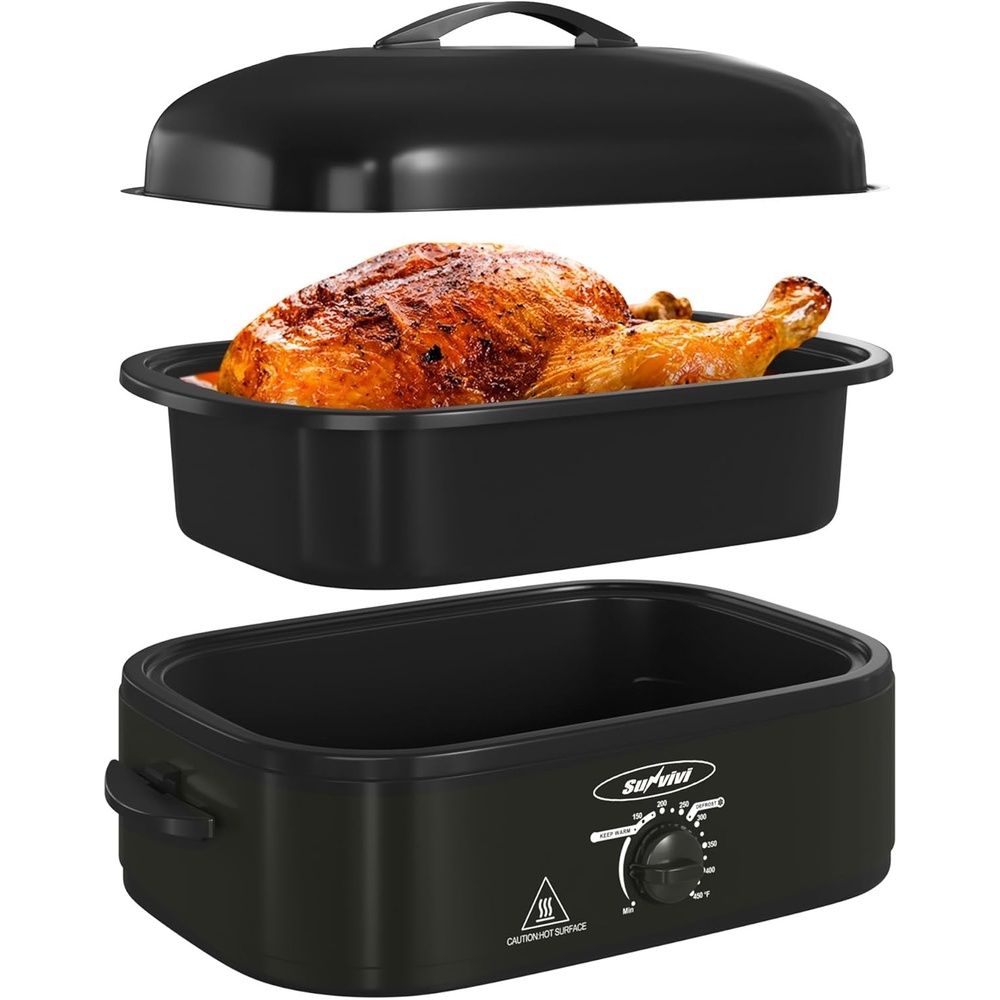 image:imageSunvivi Electric Roaster Oven with SelfBasting Lid 14Quart Turkey Roaster Oven with Removable Pan and Rack Stainless Steel WhiteBlack