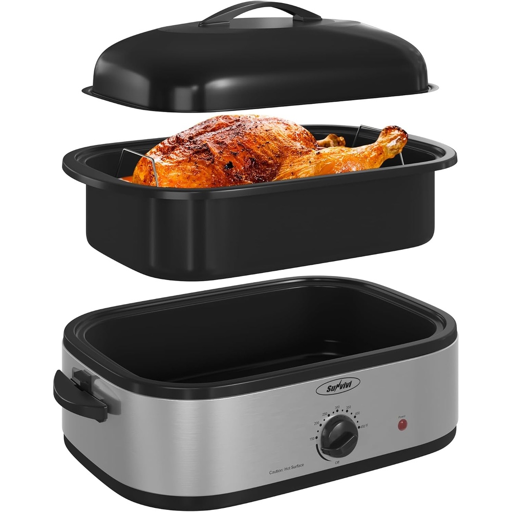 image:imageSunvivi Electric Roaster Oven with SelfBasting Lid 14Quart Turkey Roaster Oven with Removable Pan and Rack Stainless Steel WhiteSilver