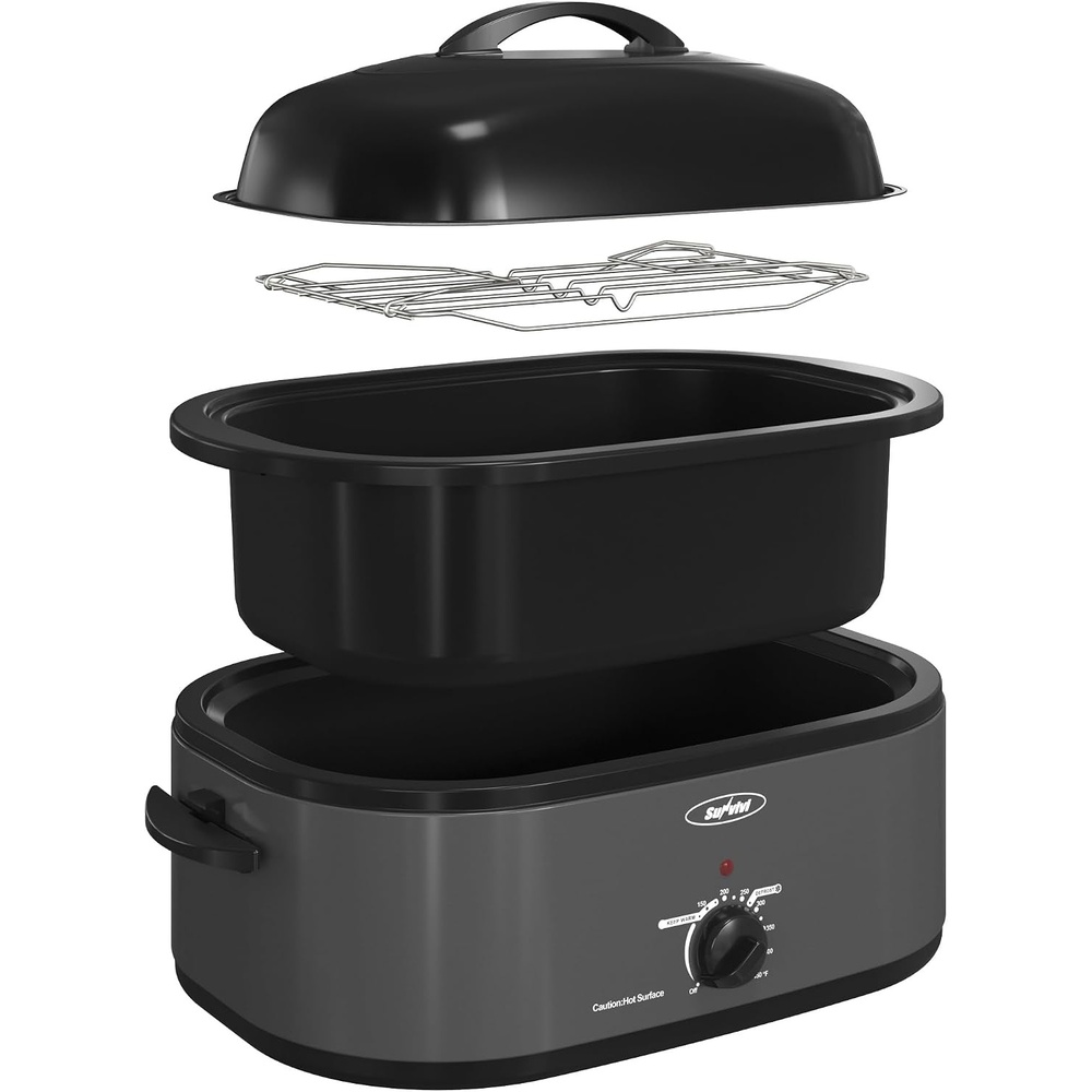 image:imageSunvivi Roaster Oven Electric Roaster Oven with Viewing Lid 28lb 24Quart Turkey Roaster with Unique DefrostWarm Function Large Roaster with Removable Pan amp Rack Stainless Steel WhiteGrey