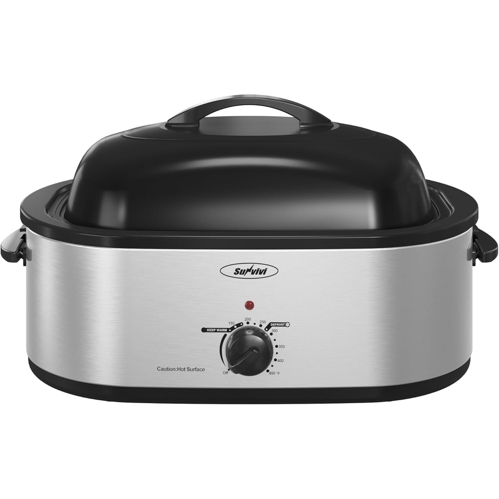 image:imageSunvivi Roaster Oven Electric Roaster Oven with Viewing Lid 28lb 24Quart Turkey Roaster with Unique DefrostWarm Function Large Roaster with Removable Pan amp Rack Stainless Steel WhiteSilver