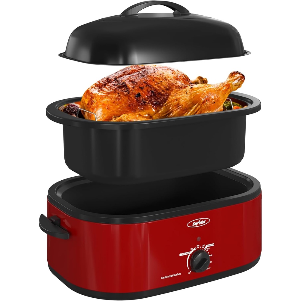 image:imageSunvivi Roaster Oven Electric Roaster Oven with Viewing Lid 28lb 24Quart Turkey Roaster with Unique DefrostWarm Function Large Roaster with Removable Pan amp Rack Stainless Steel WhiteRed